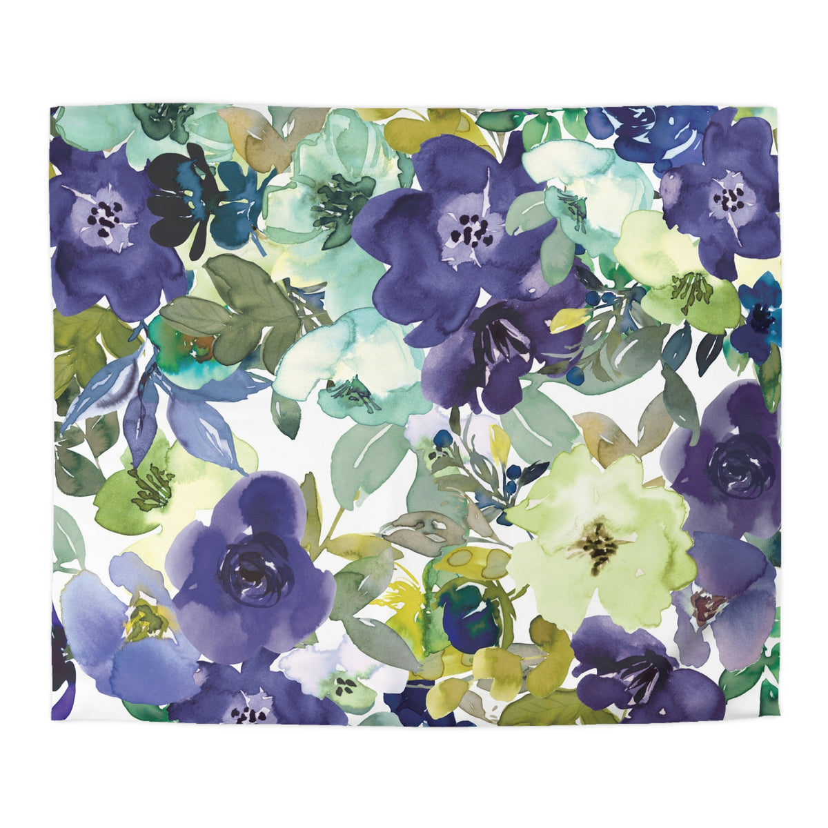The image is a vibrant and colorful collage of various watercolor flowers in shades of blue, green, and yellow.