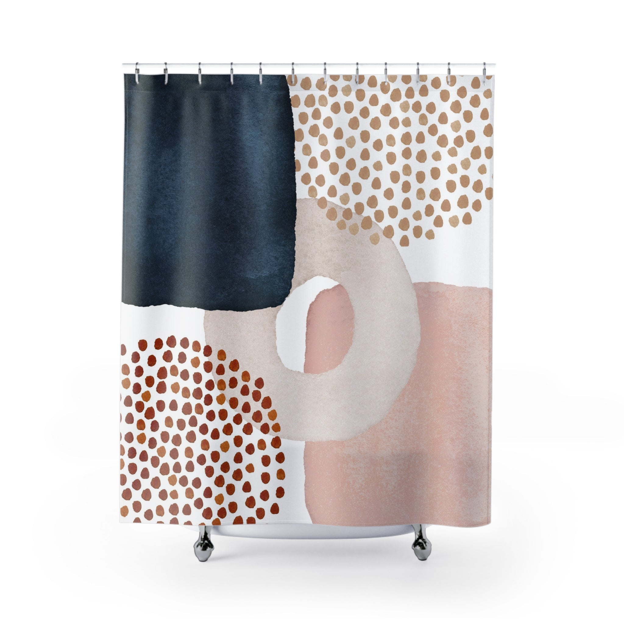 Modern Abstract Art Shower Curtain | Colorful Rust, Blush Pink, Navy Blue White