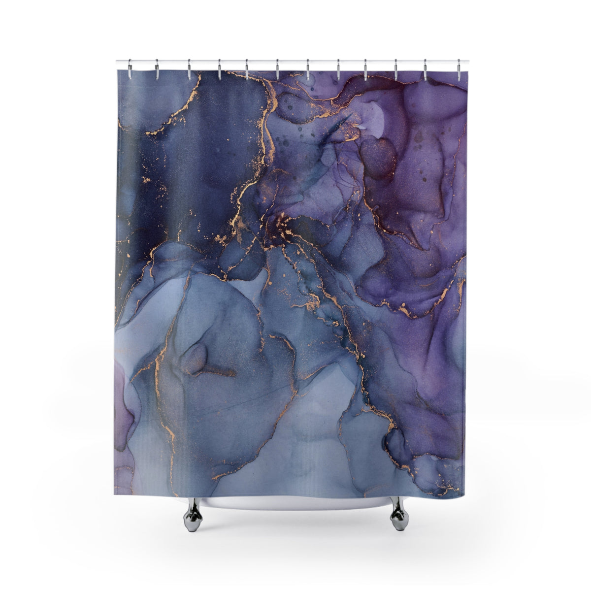 a square shower curtain with a marble-like pattern in shades of blue and purple, with gold accents.