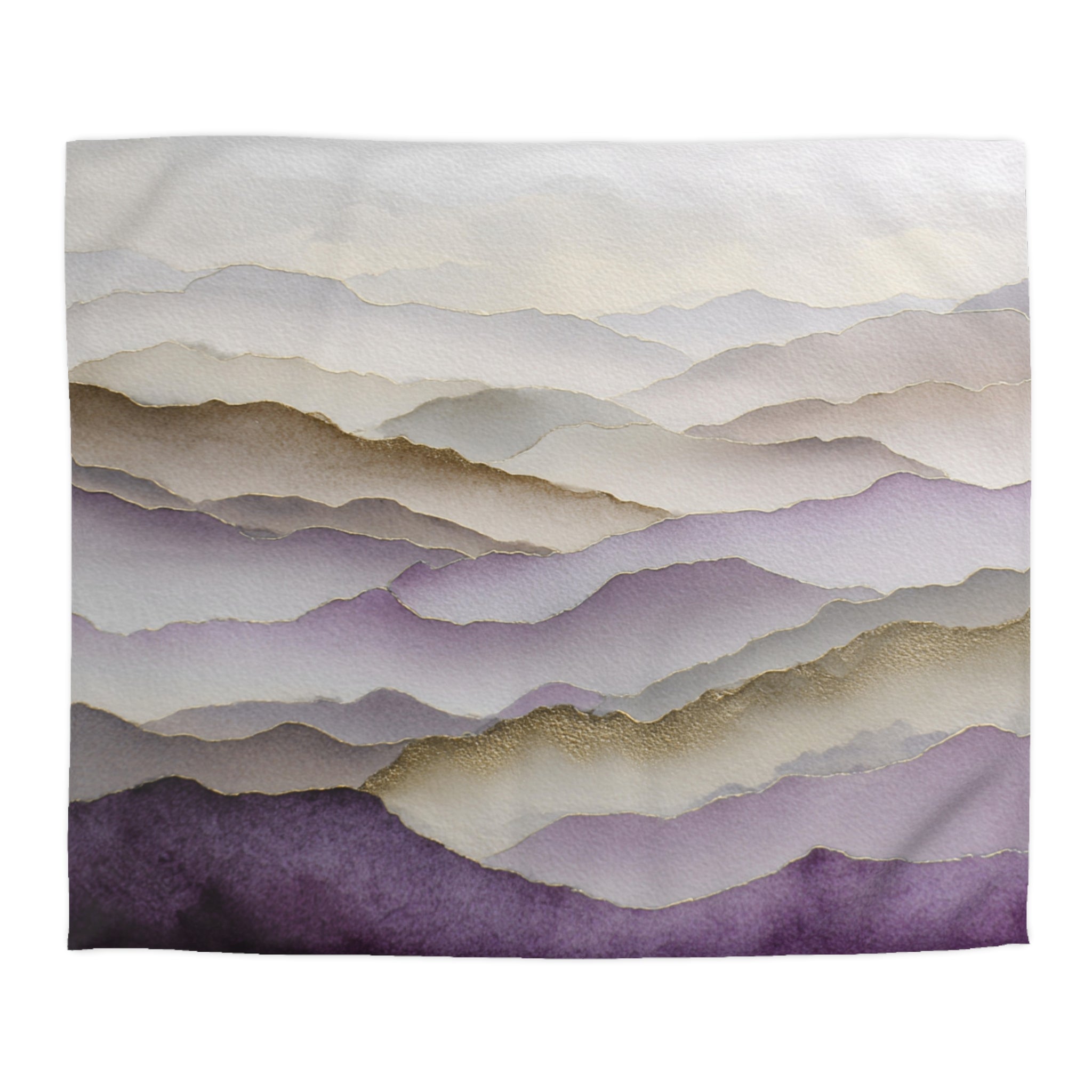 The image is a watercolor painting depicting a landscape with rolling hills and mountains in shades of purple and gray.
