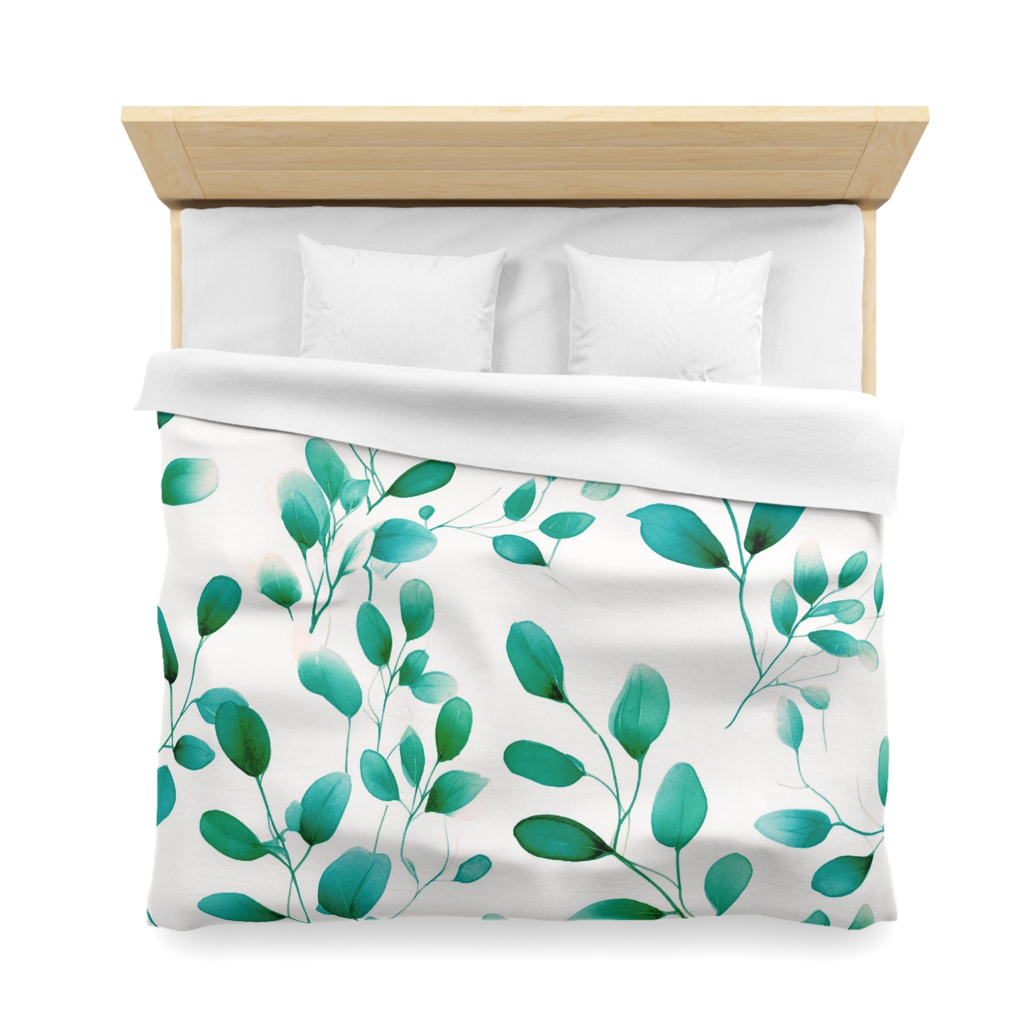 Floral Duvet Cover | Teal Green, White, Eucalyptus Leaves Bedding Boho Decor | Bedroom Decor