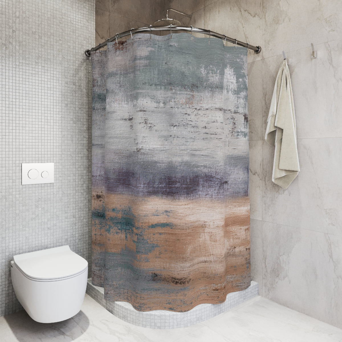 a modern bathroom with a shower curtain featuring a colorful abstract design. The shower curtain is hanging on a rod next to a towel, and there is a toilet visible in the corner of the room.