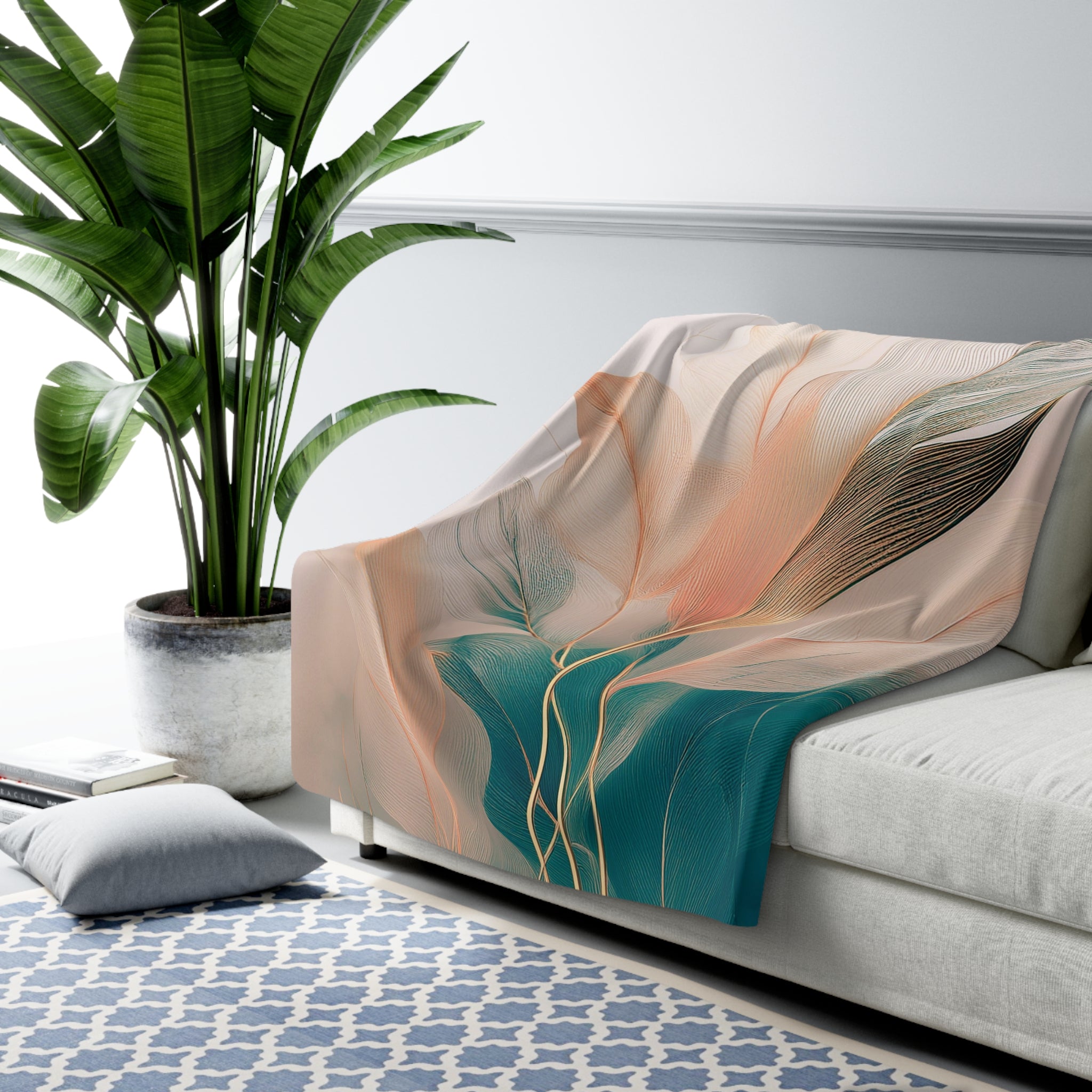 Floral Throw Blanket | Beige Teal Gold Leaves