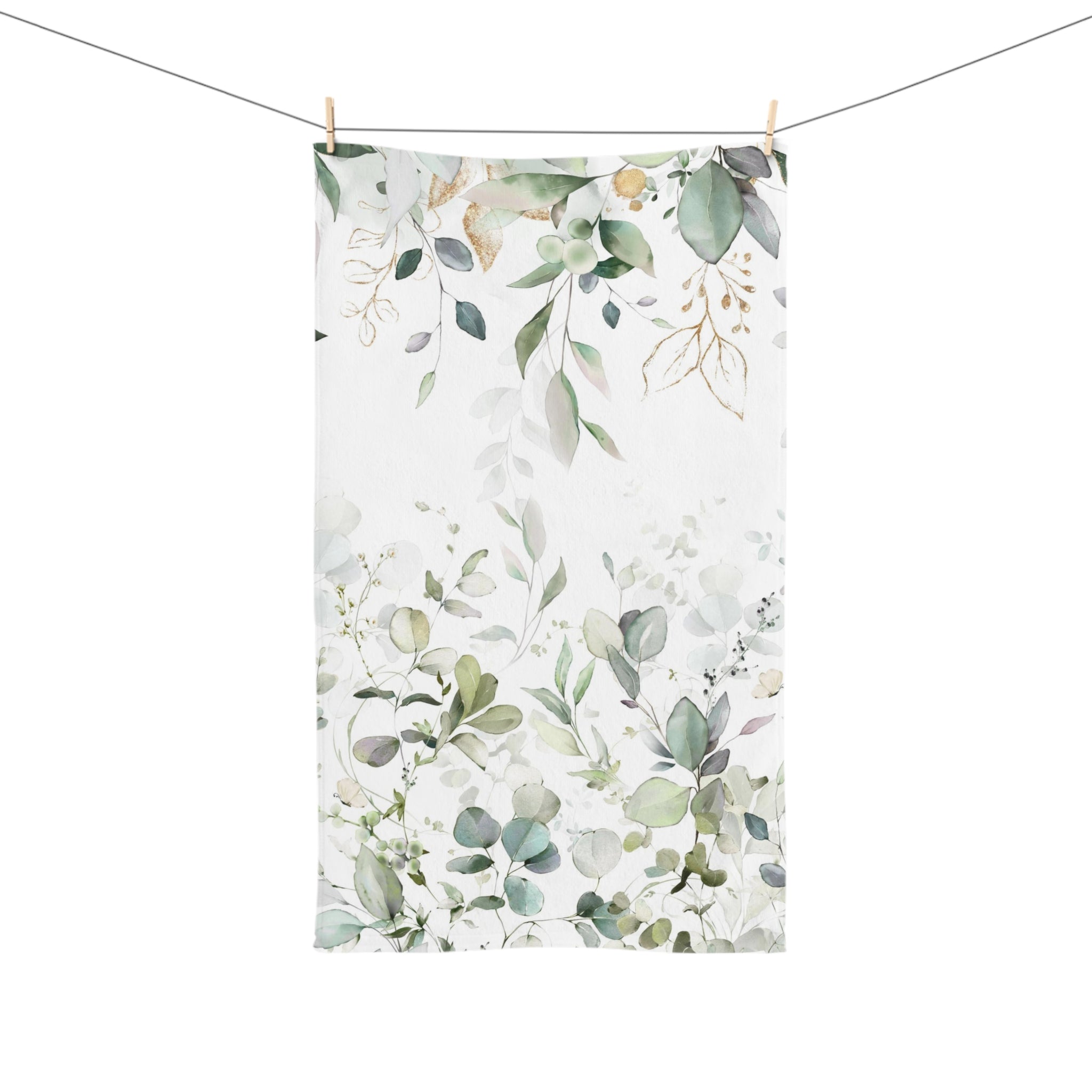 Floral Boho Kitchen, Bath Hand Towel | White Sage Green Eucalyptus Leaves