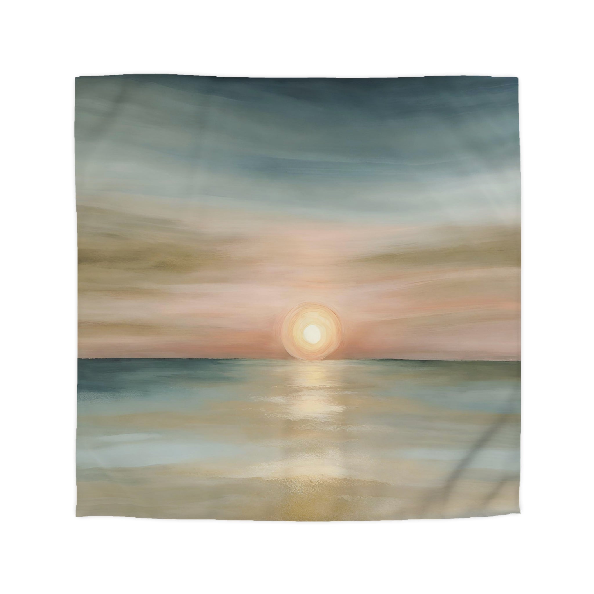 Abstract Sunset Duvet Pillow Cover Set | Beige Sun, Teal Green Blue, Blush Pink