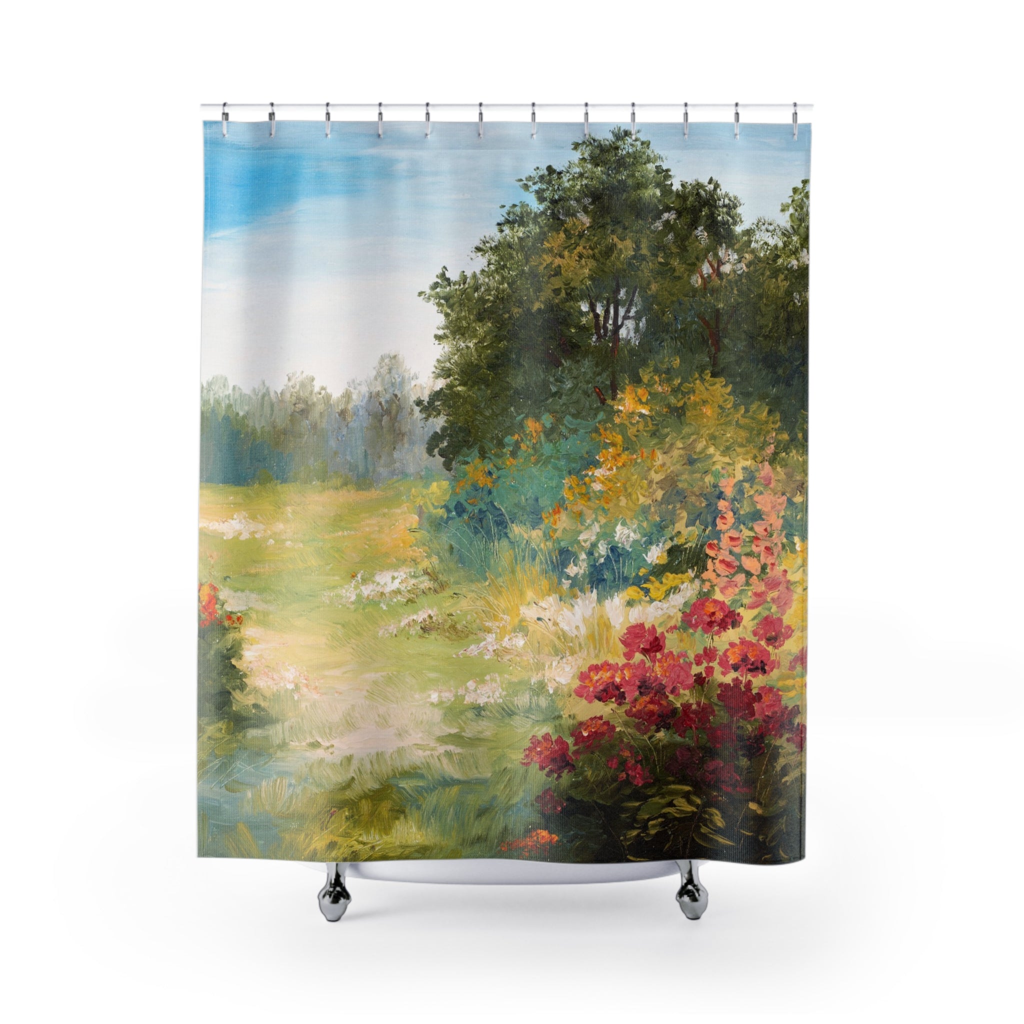 The image is a vibrant painting of a lush, colorful garden scene with a variety of flowers and foliage.