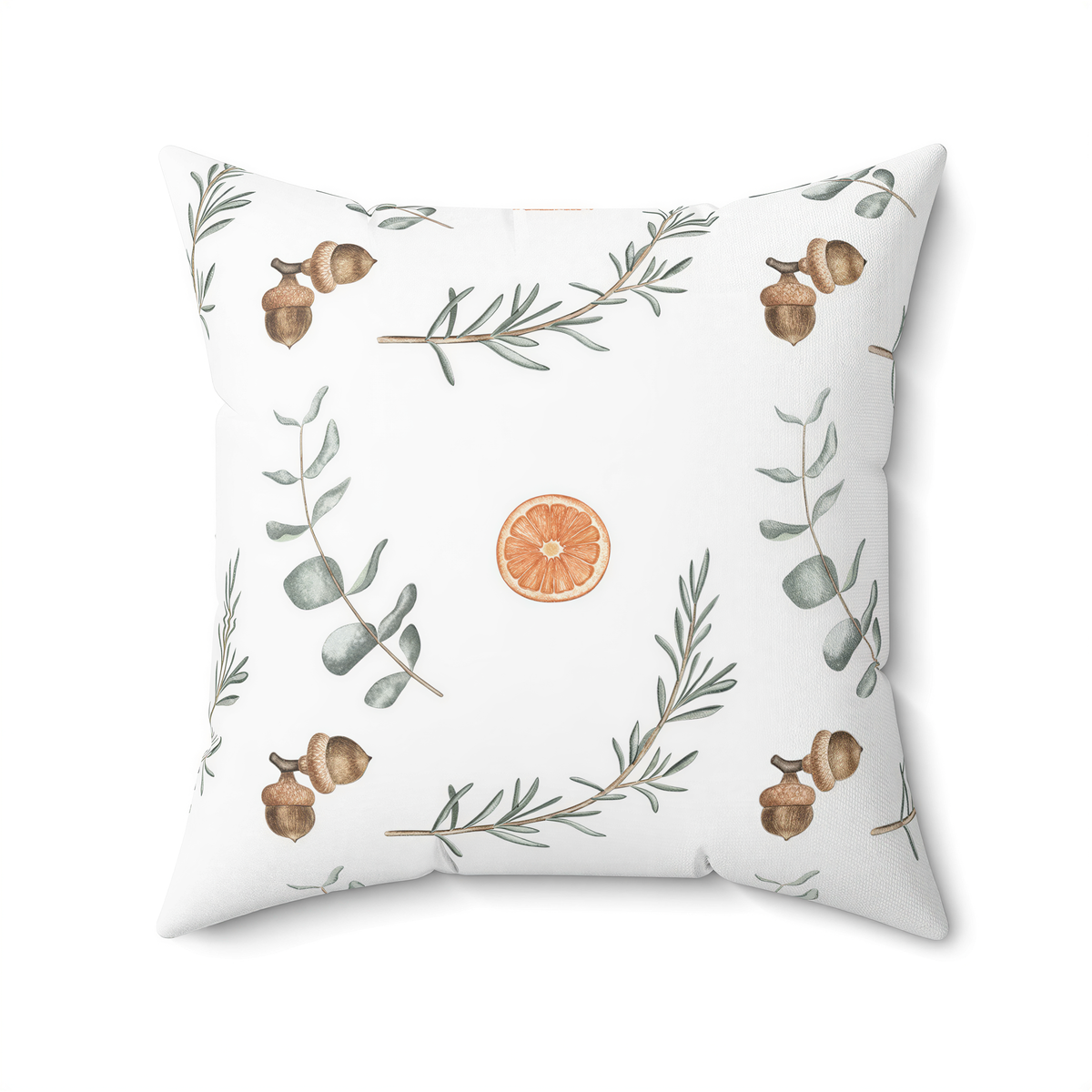 Floral citrus pine needles Christmas pillow cover on a white background