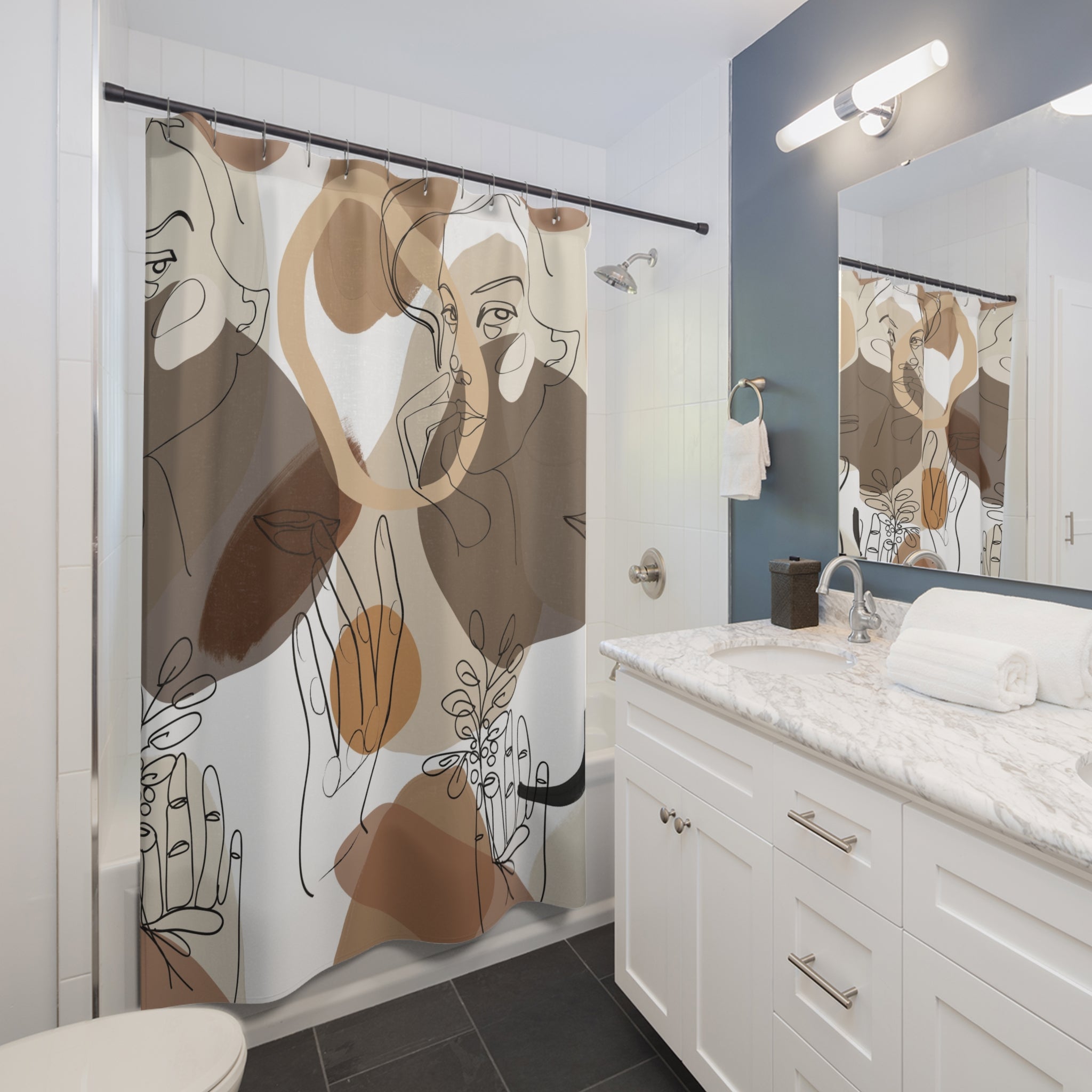 Boho Shower Curtain | Neutral Earthy Line Art