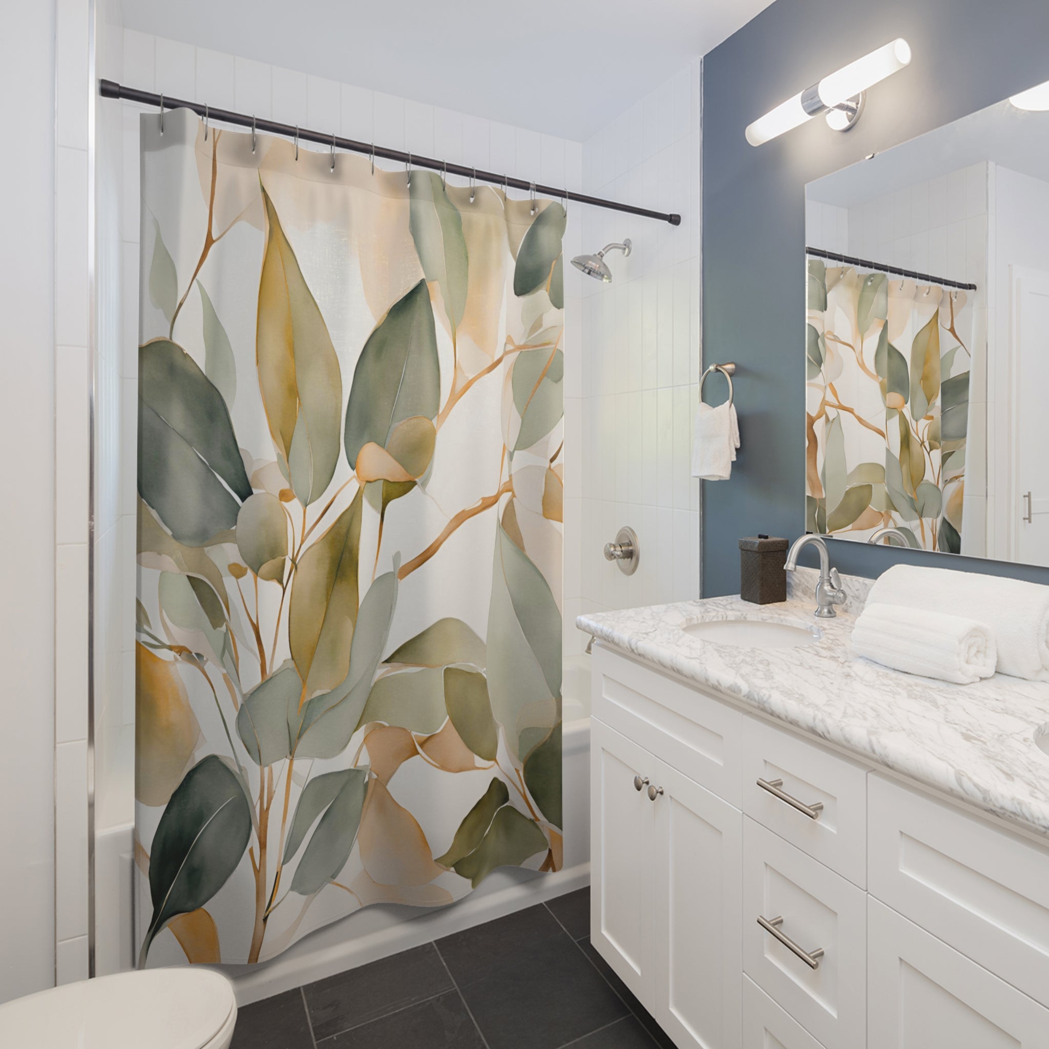 Floral Shower Curtain | Sage Green Beige Leaves