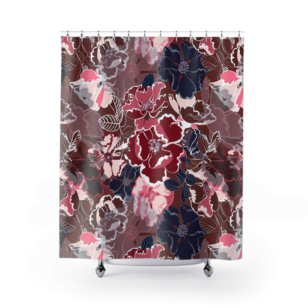 a shower curtain with a floral pattern in shades of red, pink, and blue.