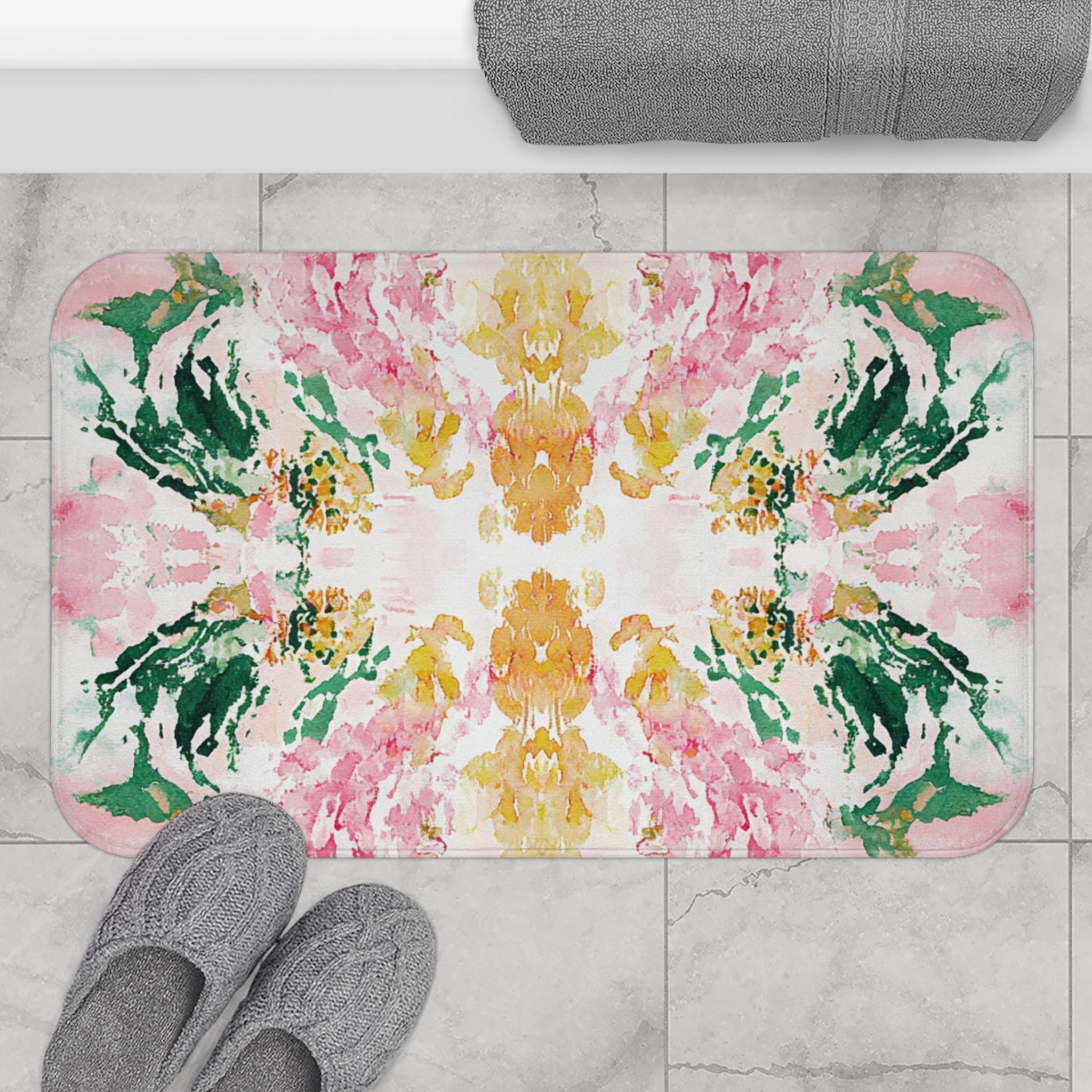 Mirrored Art, Modern Bath Mat | Abstract Pink Green White Kitchen Mat