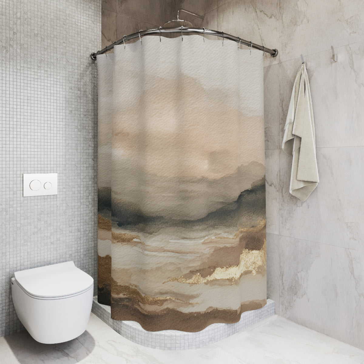 a bathroom with a shower curtain featuring a landscape scene, a towel hanging on a rack, and a toilet.