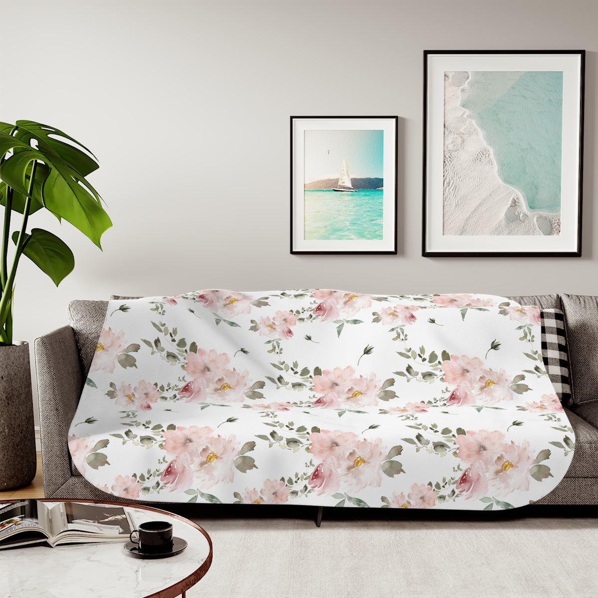 Blush Rose Spray Sherpa Blanket | Sage Watercolor Floral Throw