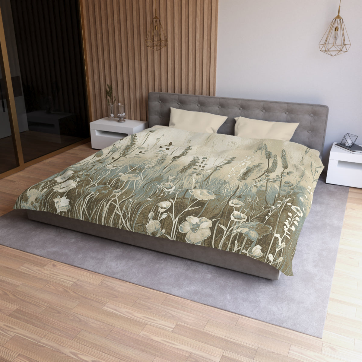 a modern bedroom with a large bed featuring a floral print comforter and pillows. The bed is positioned against a wall with a wooden panel design. The room has a wooden floor and a white nightstand on the left side. There is also a pendant light hanging above the bed.