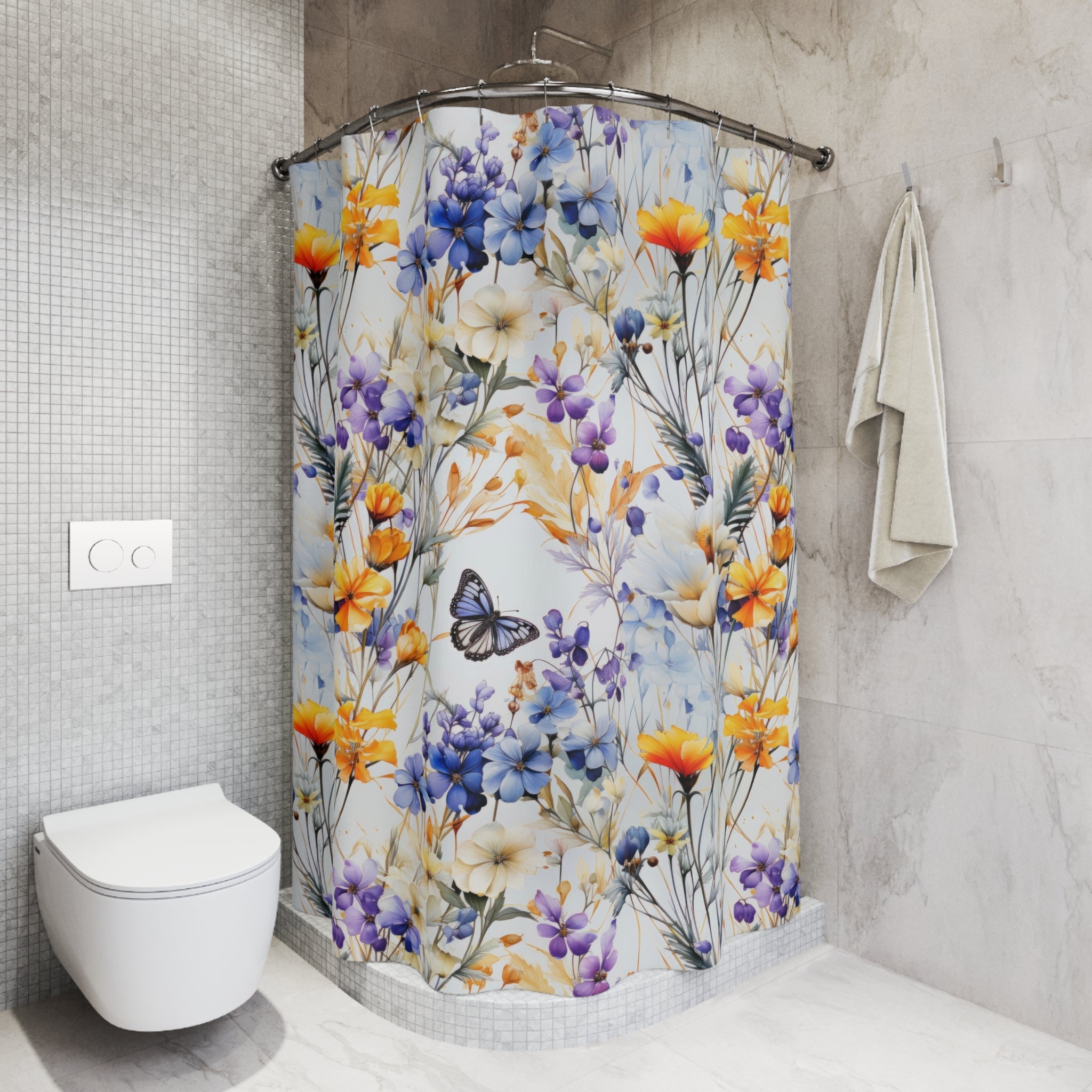 Floral Shower Curtain | Botanical Garden Butterfly Fabric Curtain