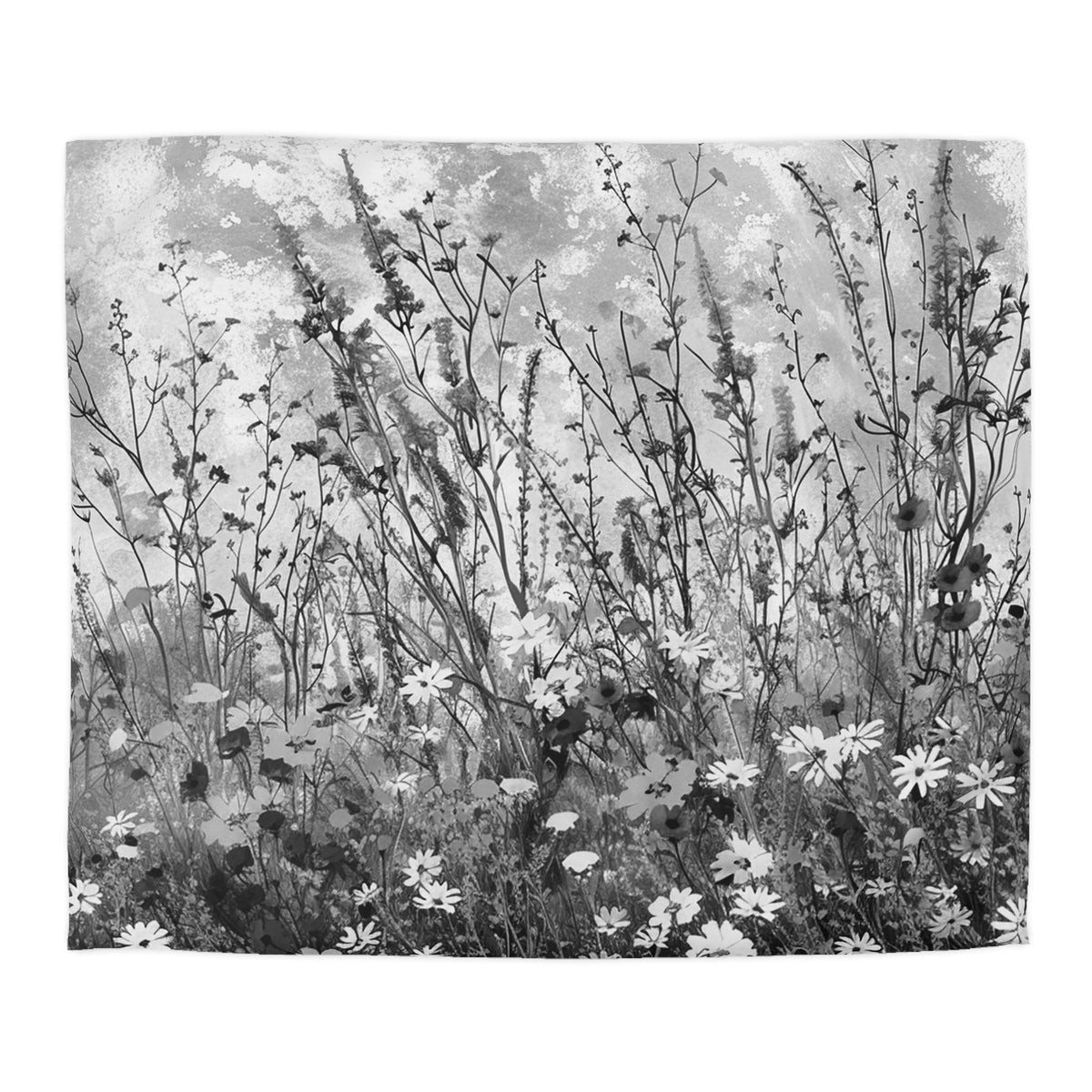 A black and white image depicting a field of tall grass and wildflowers, with the grass and flowers appearing to sway gently in the breeze.