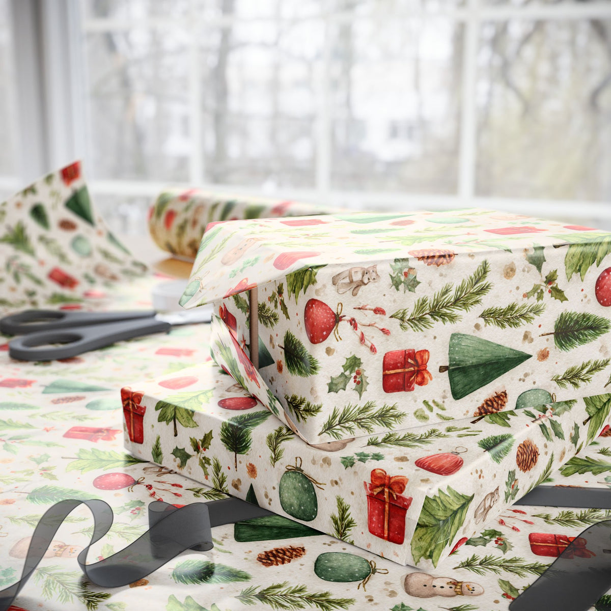 Green Tree Red Present Christmas Wrapping Paper, Gift Wrap