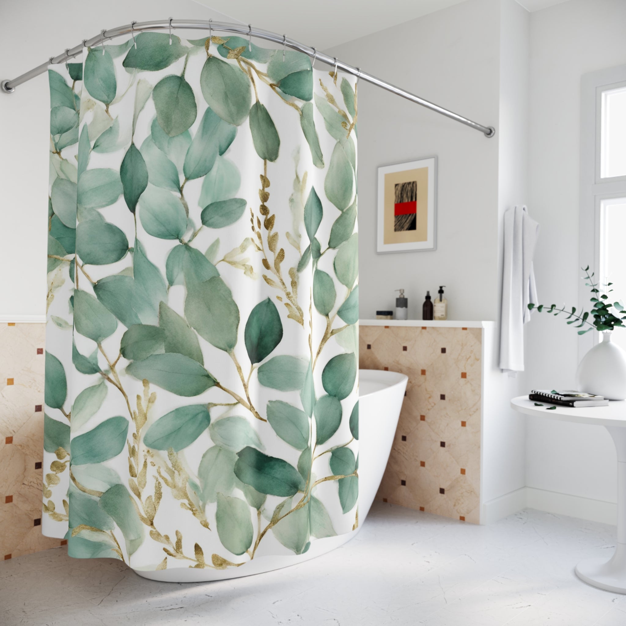 Floral Shower Curtain | Sage Green Beige Leaves