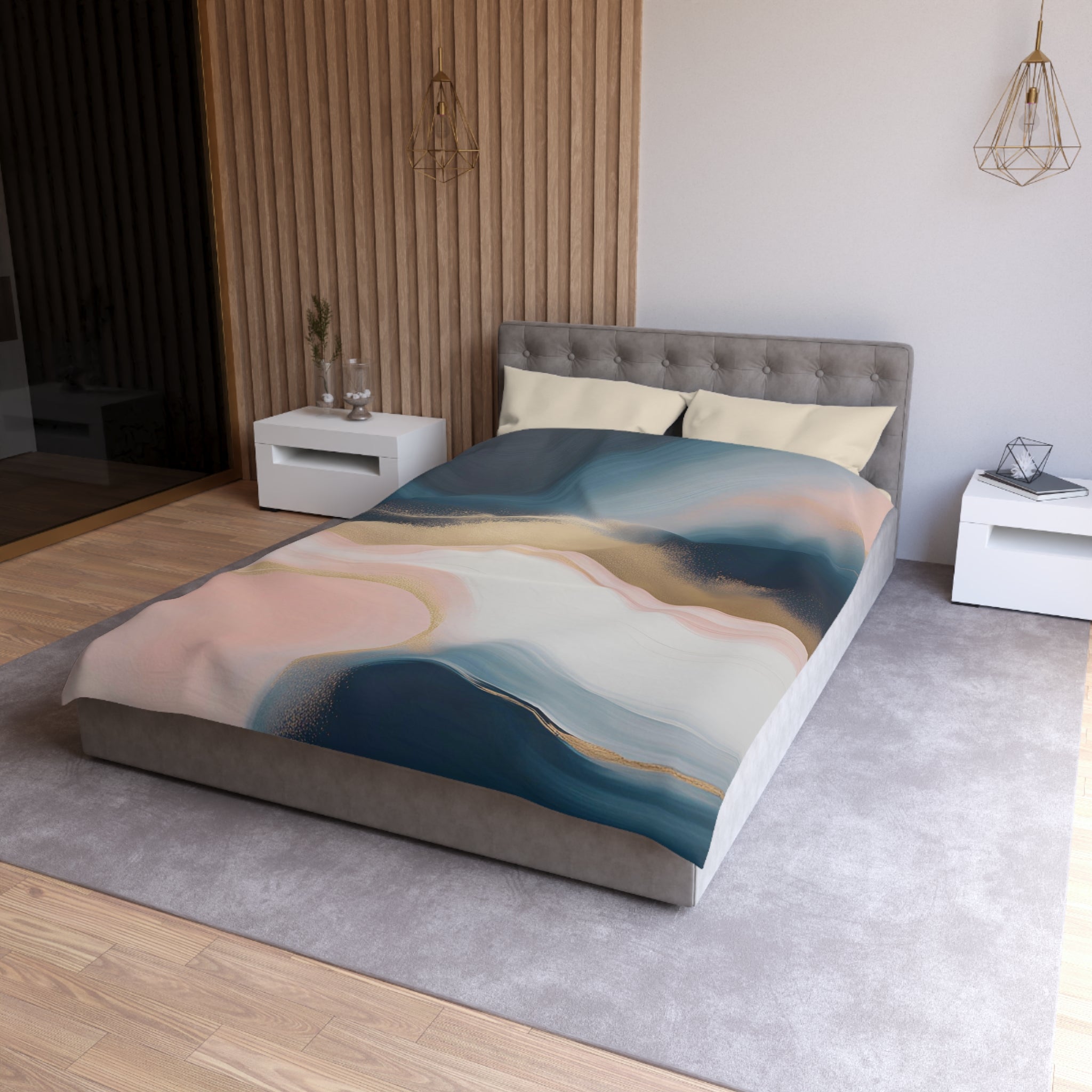 a modern bedroom with a large bed, a white nightstand, and a wooden wall. The bed has a colorful, abstract-patterned comforter and pillows.