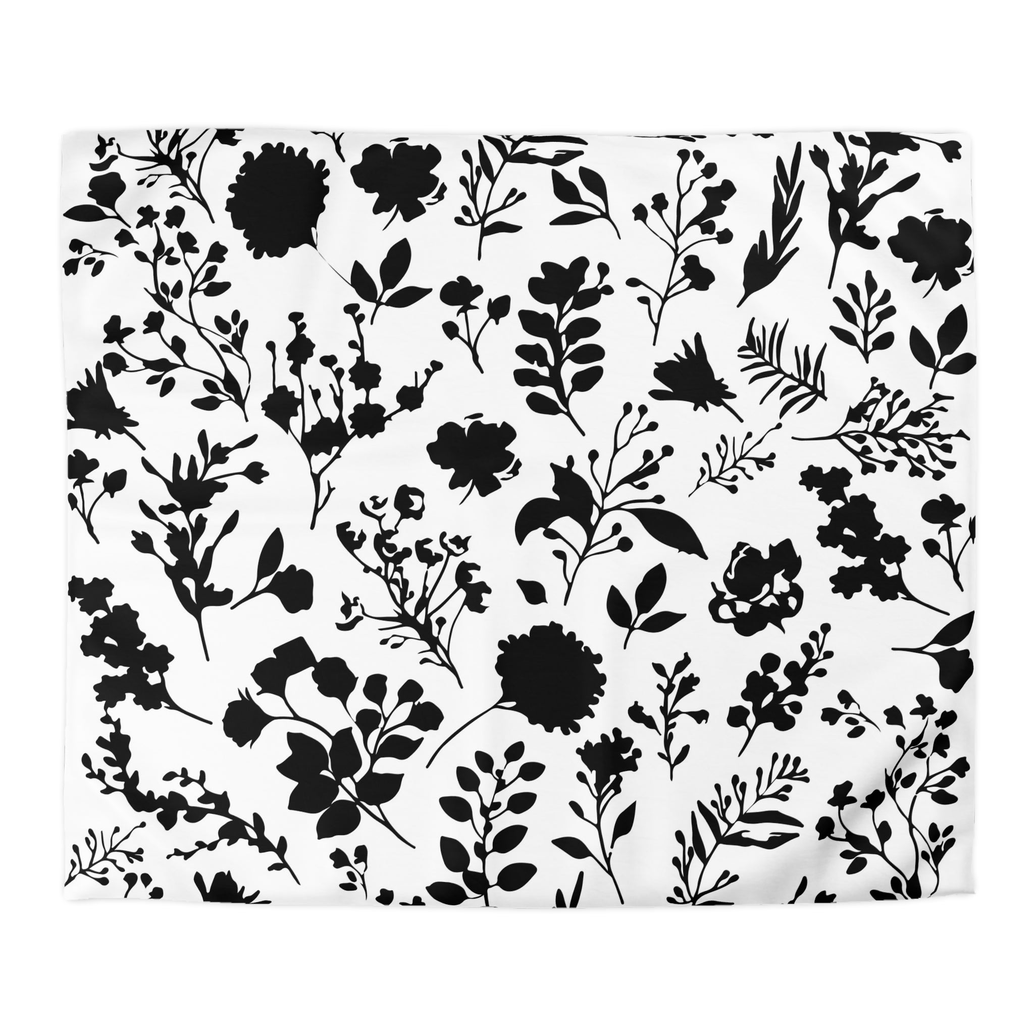a repeating pattern of black silhouettes of various flowers and leaves against a white background.
