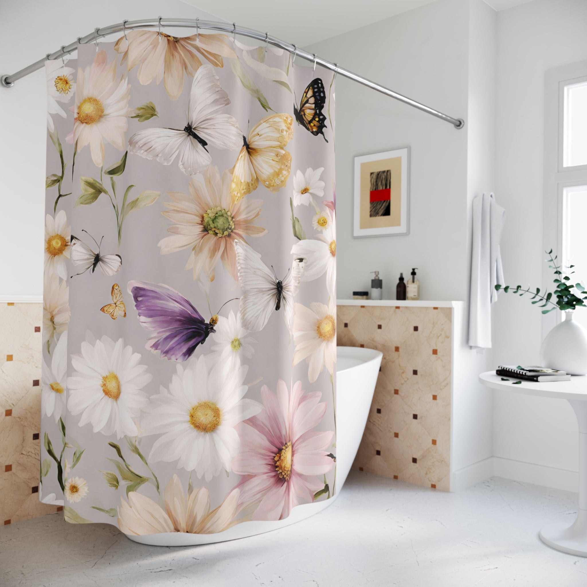 Floral Shower Curtain | Wildflowers, Daisies, White Beige Butterflies