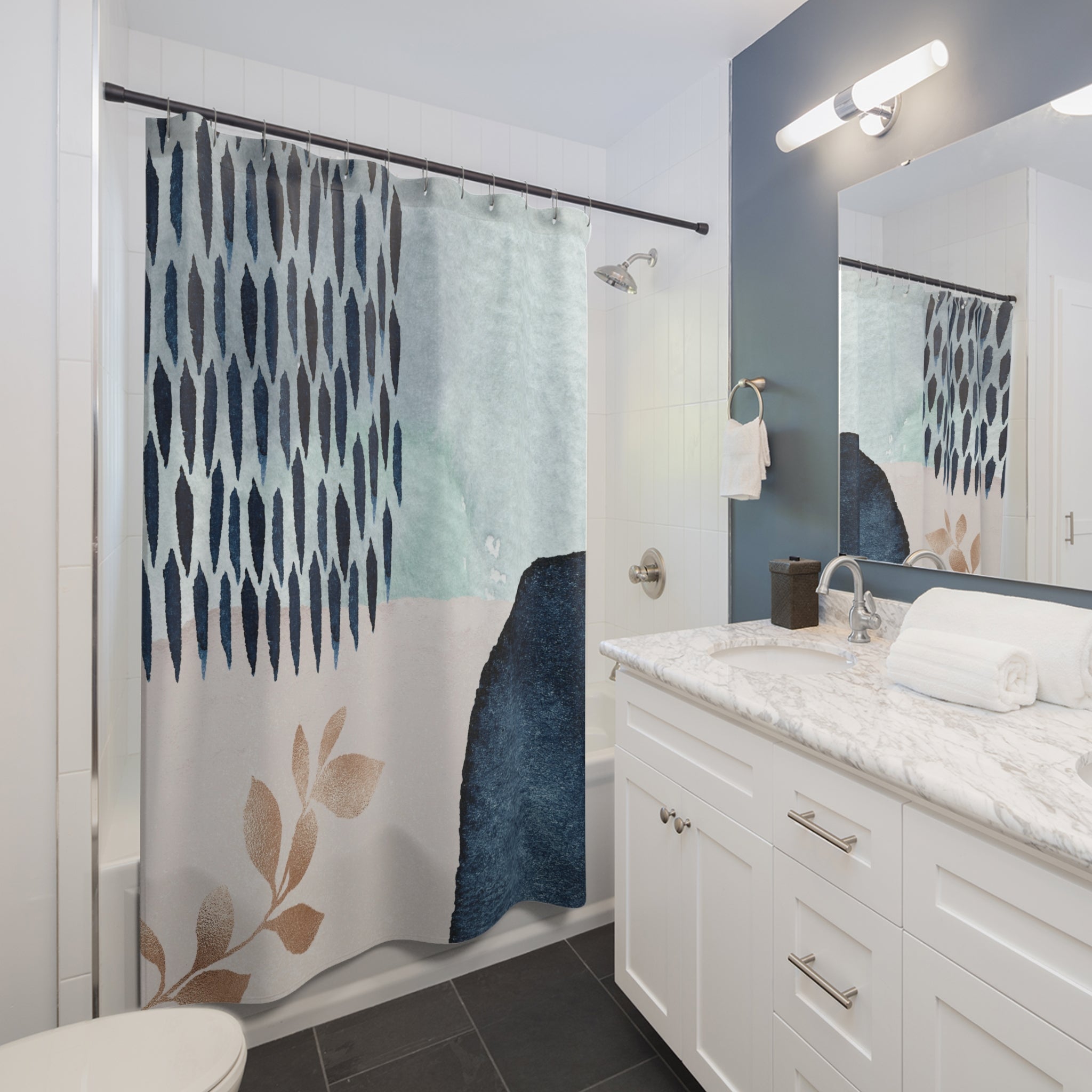 Boho Shower Curtain | Abstract Blue Fabric Curtain