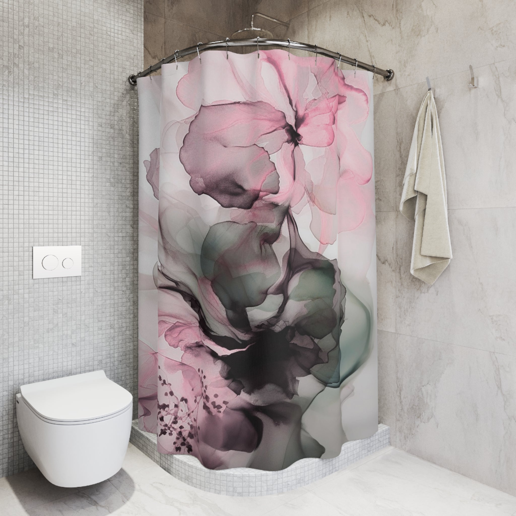 Floral Shower Curtain | Abstract Alcohol Ink, Pink Green Grey