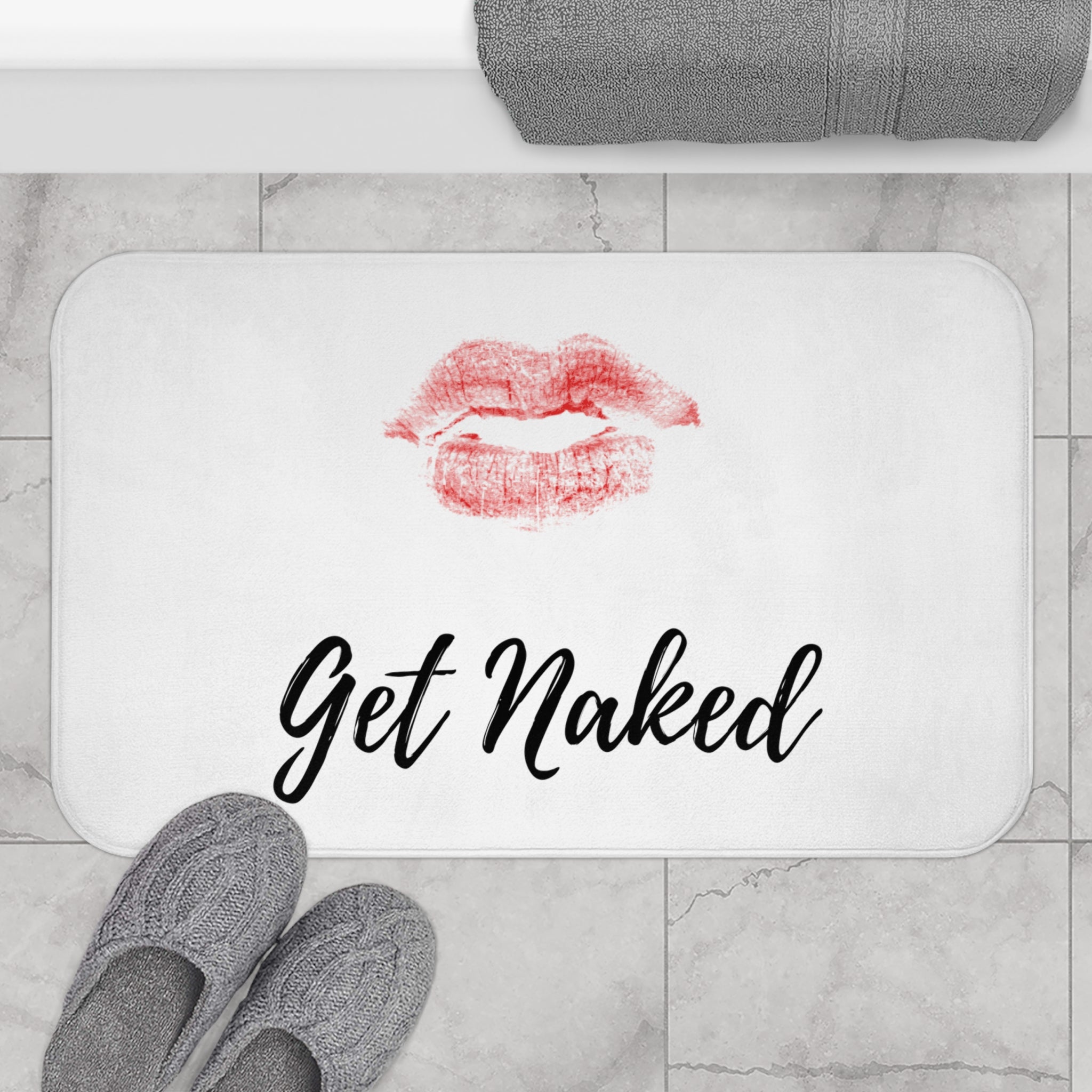 Get Naked Bath Mat | Red Lips, White Black Bathroom Rug