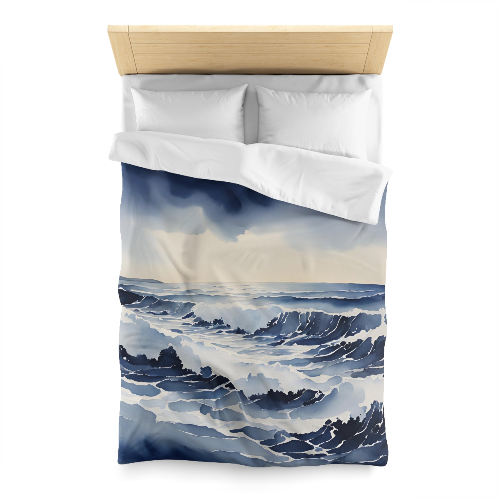 a serene ocean scene with waves crashing against the shore, featuring a blue and white color palette.