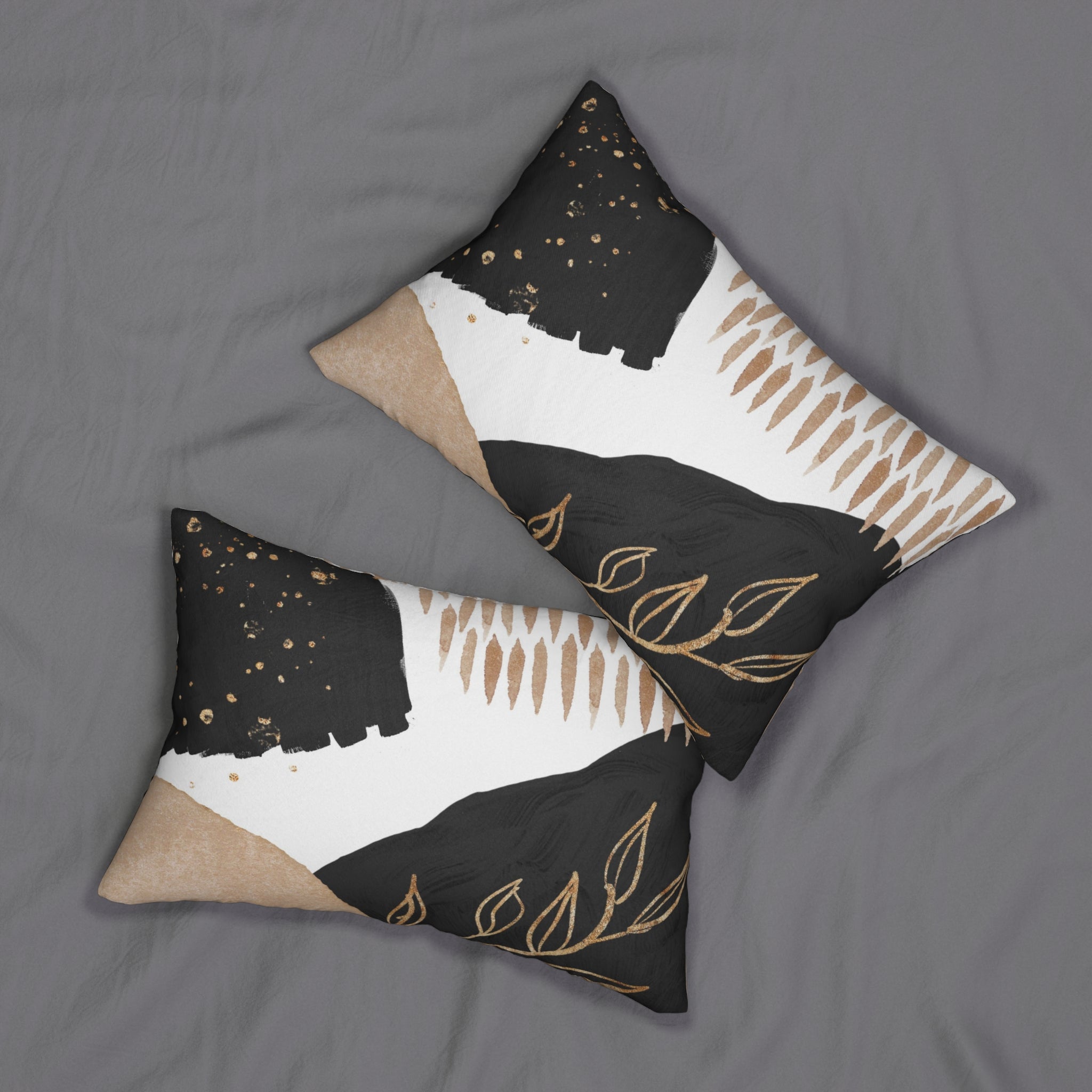Black, white and beige abstract boho lumbar pillow, close-up of the fabric detail