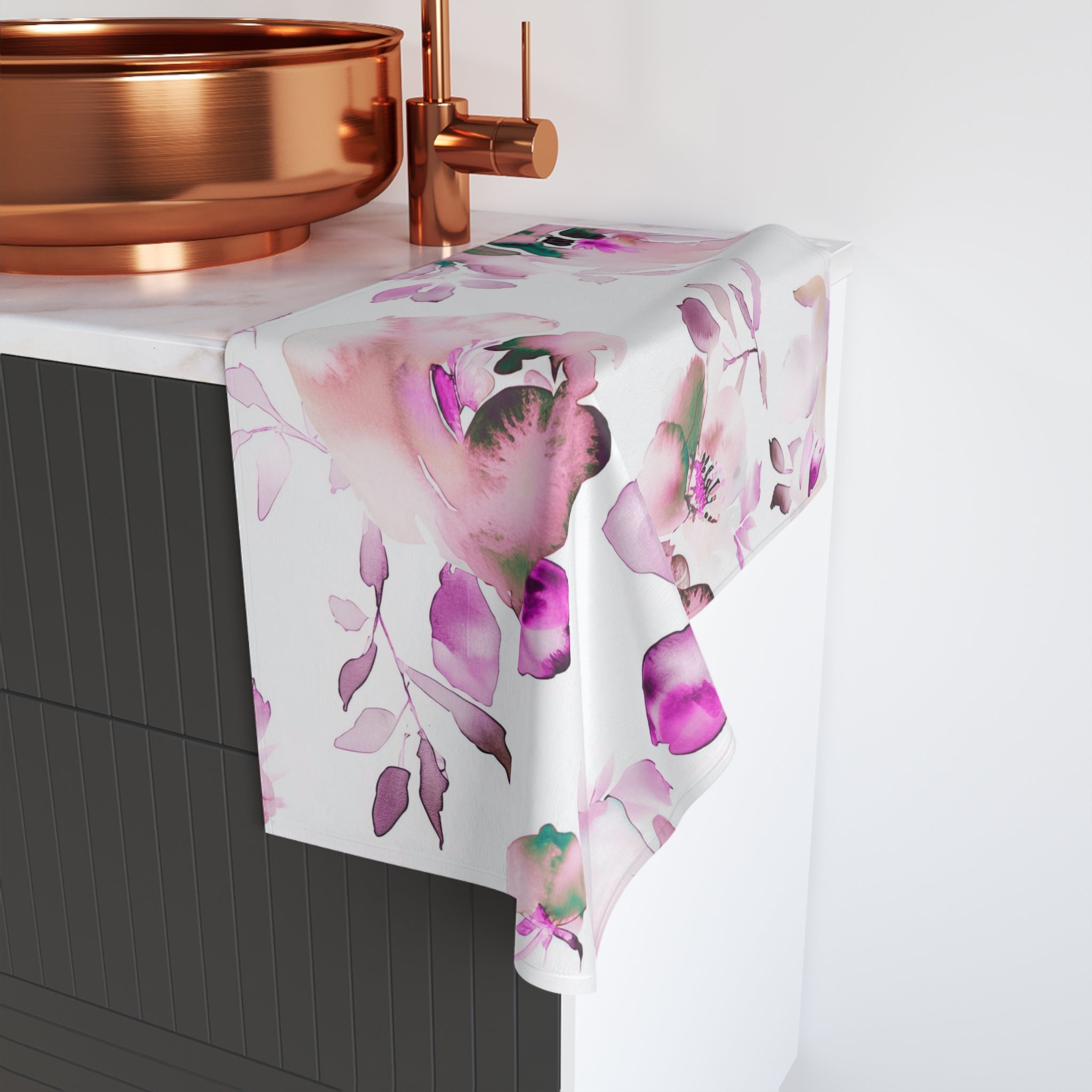 Floral Kitchen, Bath Hand Towel | White Pink, Watercolor Towel
