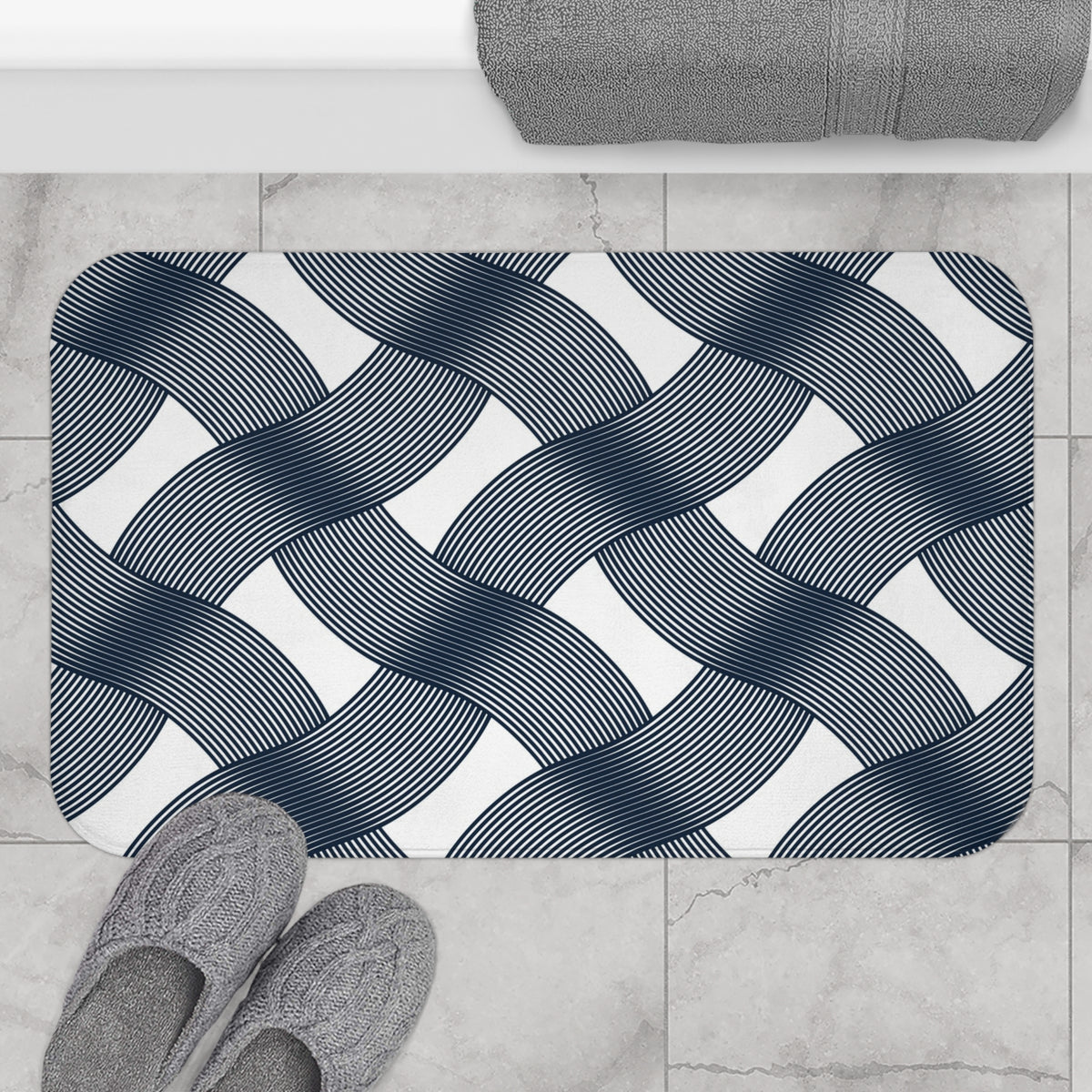Navy White Deco Basketweave Bath Mat, Art Deco Bathroom Rug