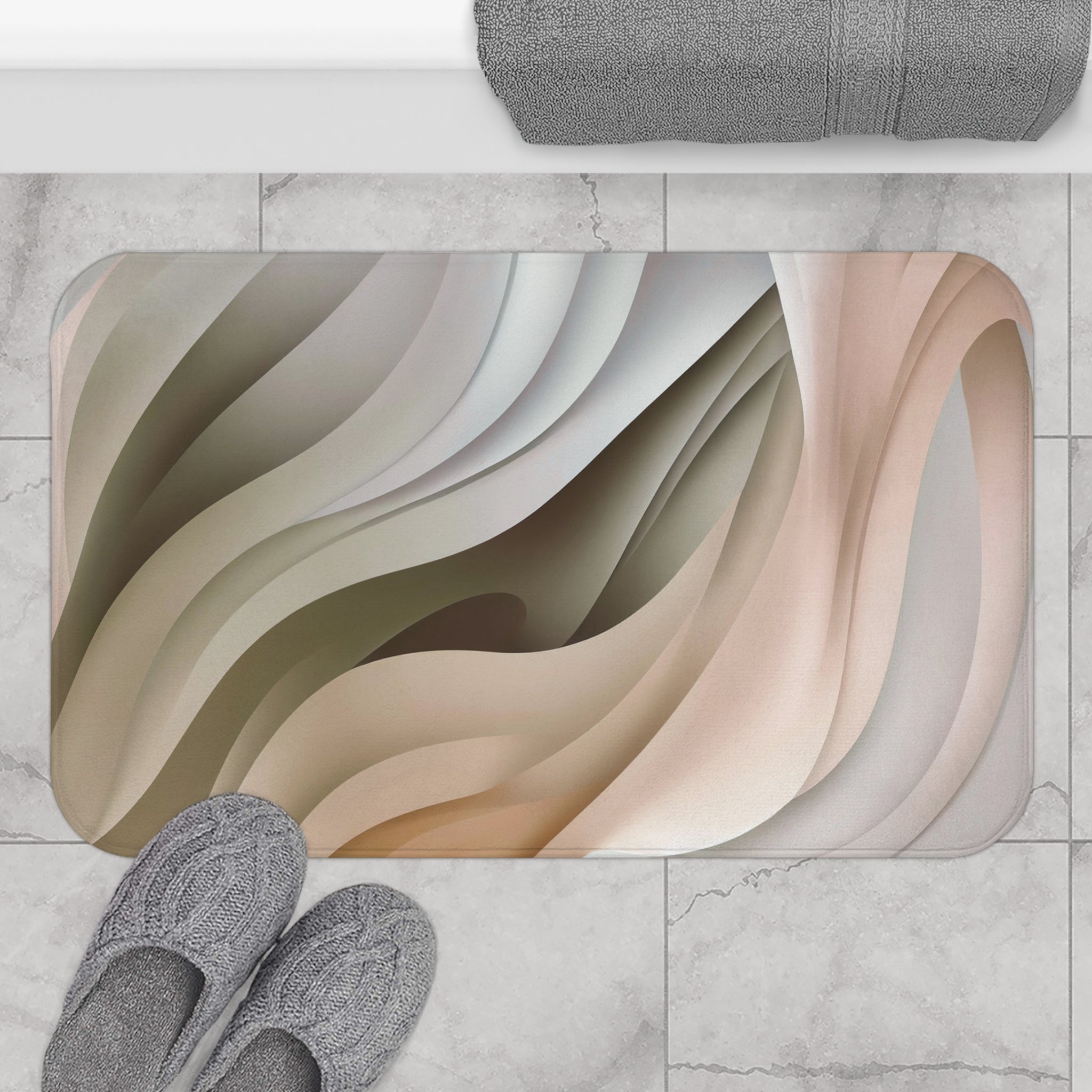 Abstract Bath Mat | Green White Grey Waves Kitchen Mat