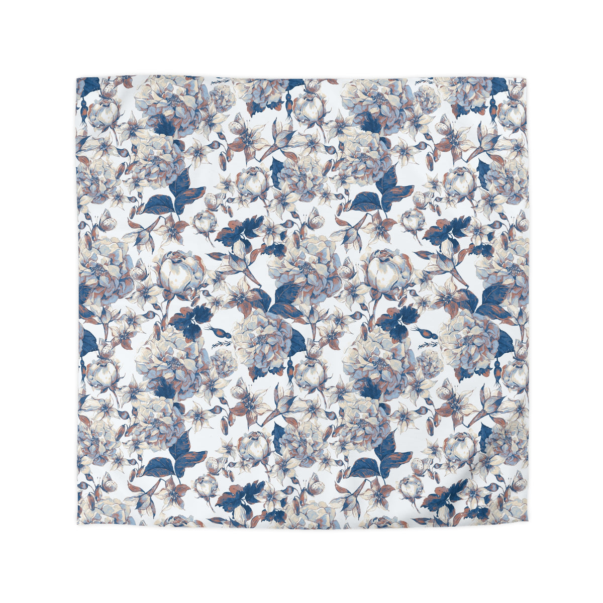 a square-shaped floral print with a repeating pattern of blue and white flowers and leaves.