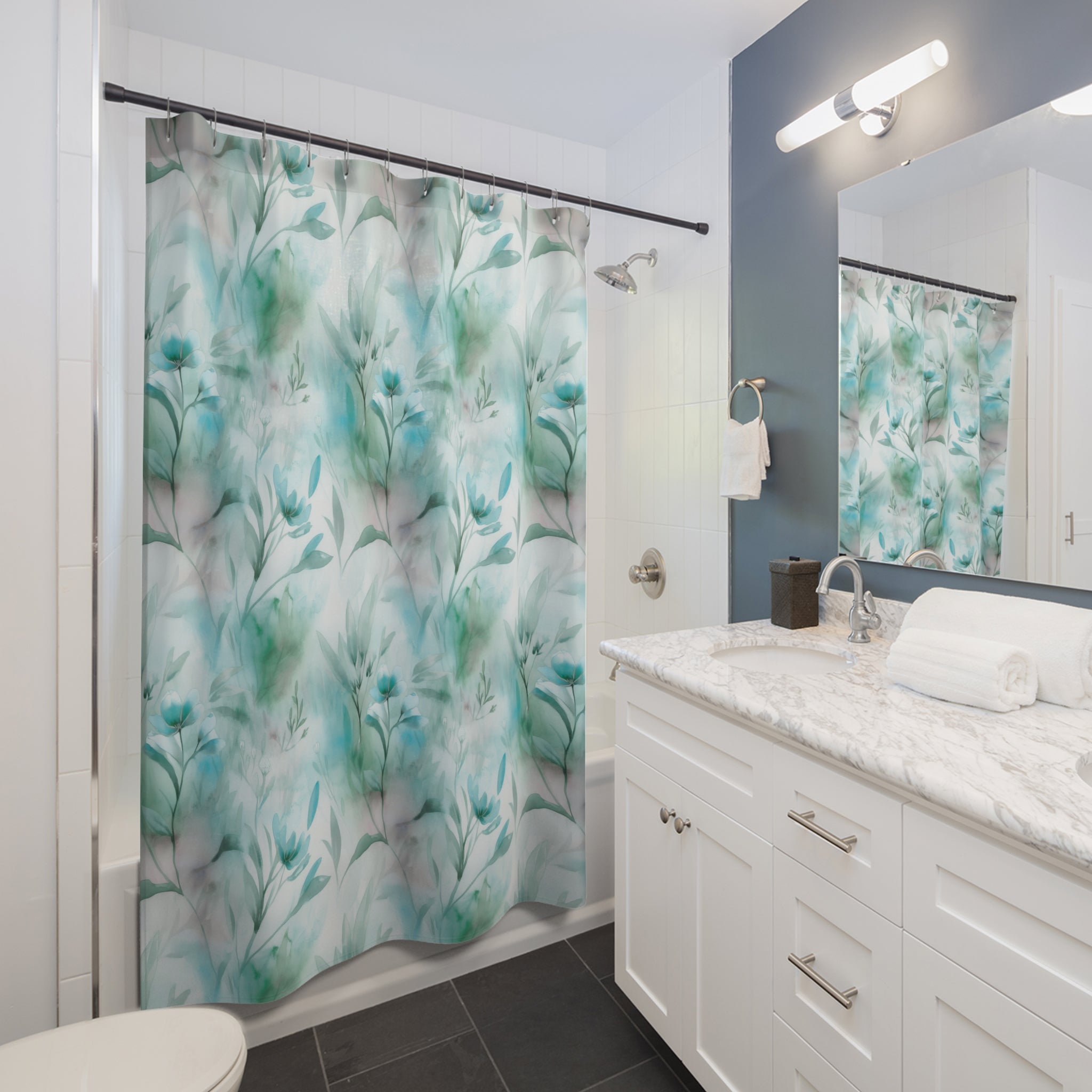 Floral Shower Curtain | Teal Green Watercolor Bathroom