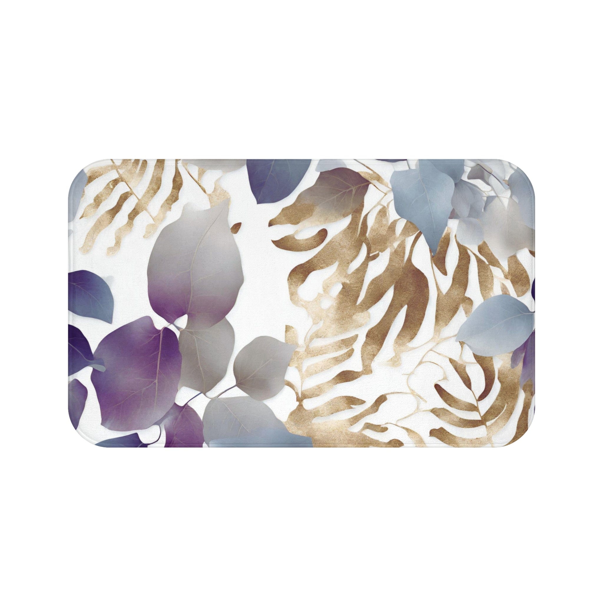Floral Bath, Kitchen Mat | Tropical Eucalyptus Leaves, Blue Purple White