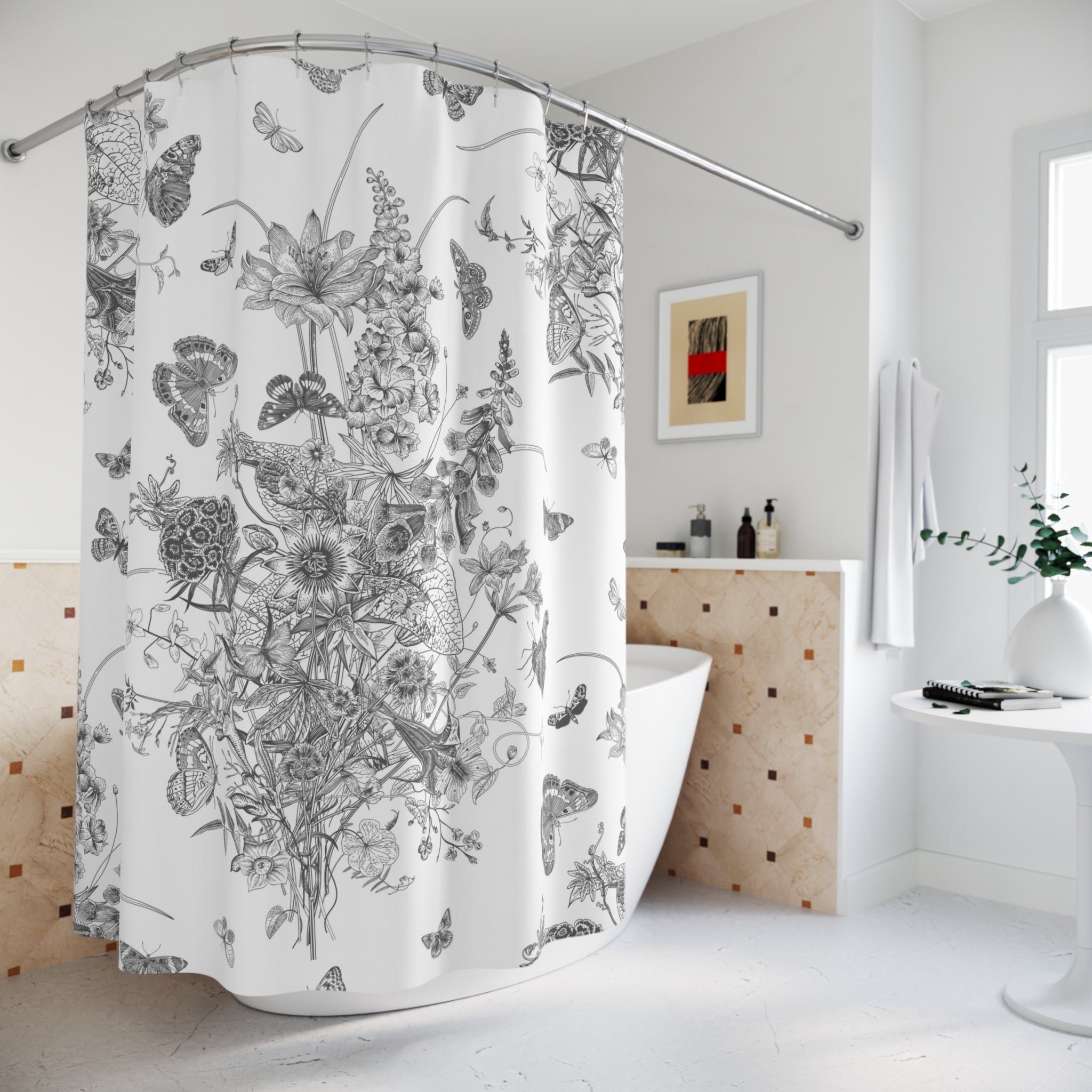 Vintage Shower Curtain | Black Grey White Chinoiserie Floral