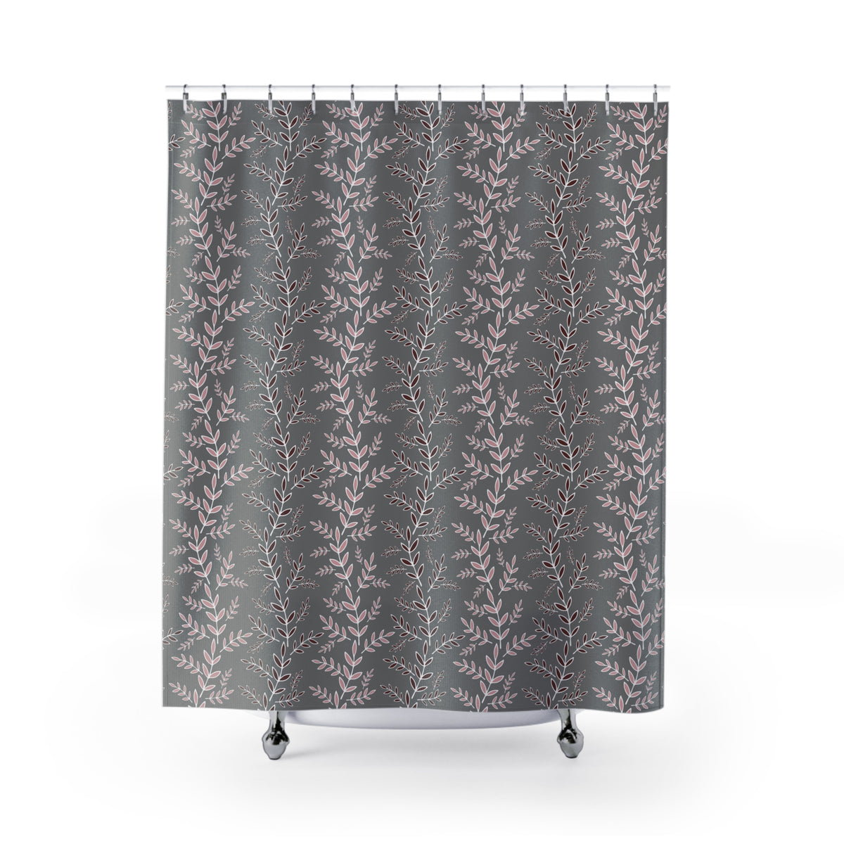 a gray shower curtain with a repeating pattern of pink leaves and branches.