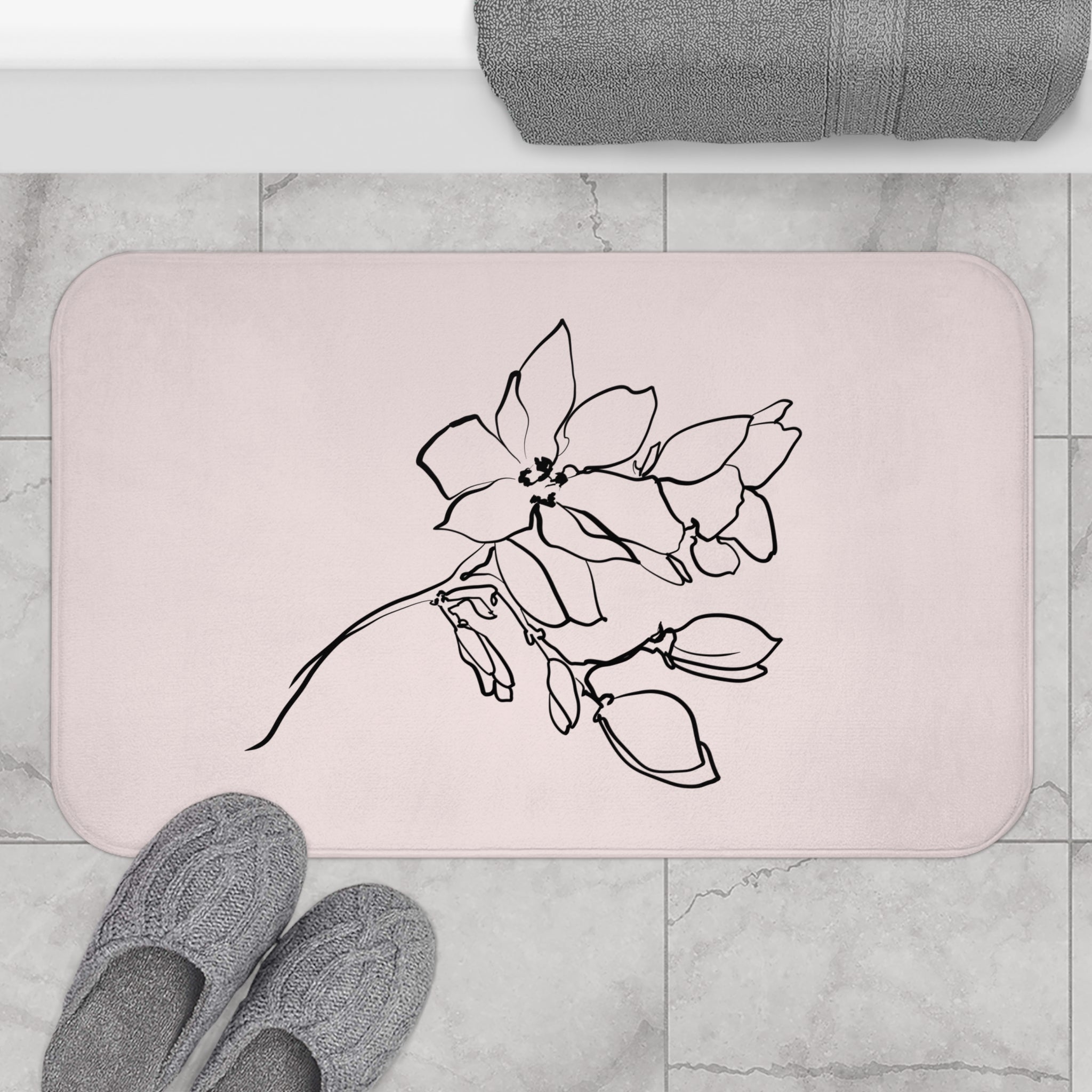 Floral Bath Mat | Pink Black Line Art Kitchen Mat
