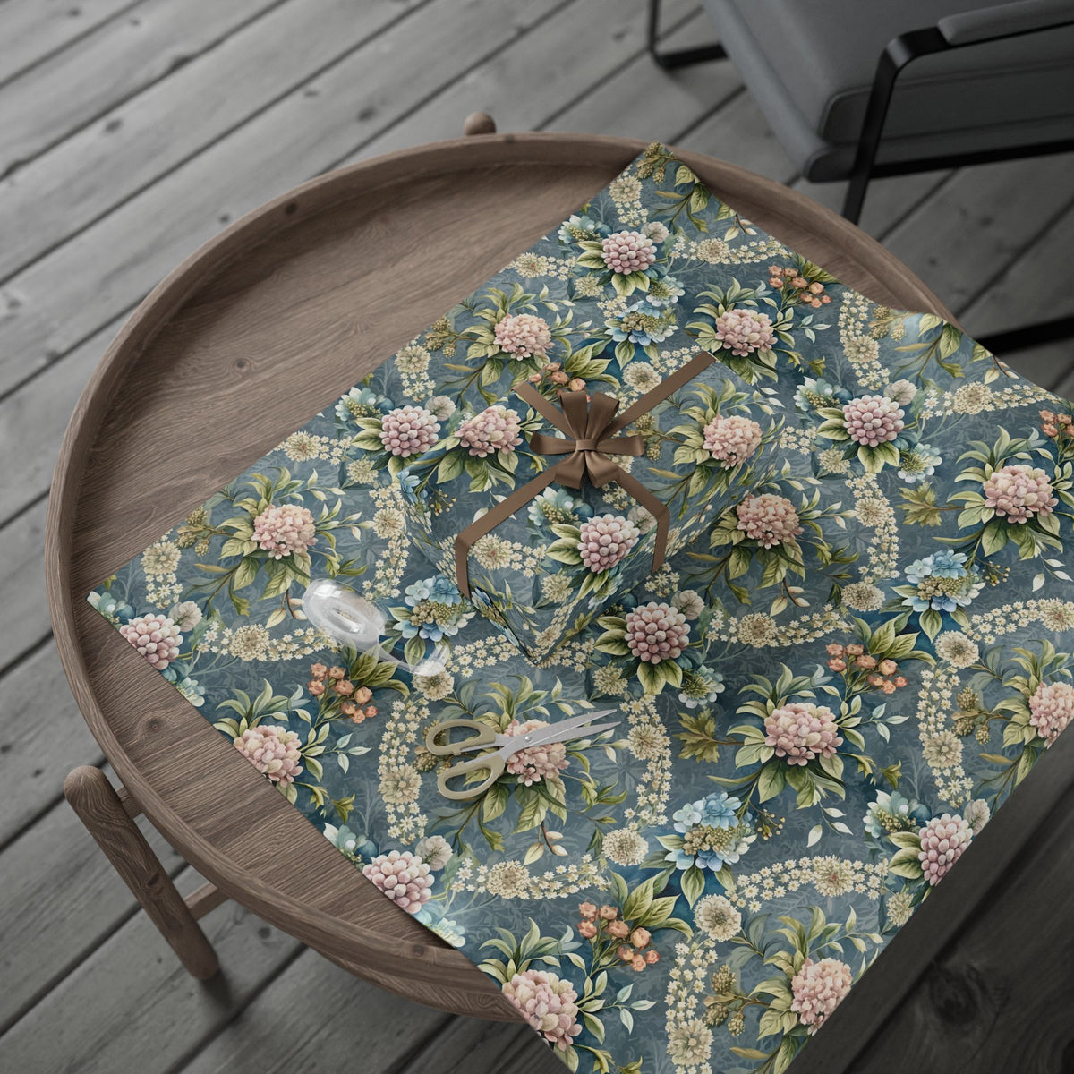 Blue Green Chintz Floral Wreath Wrapping Paper, Gift Wrap