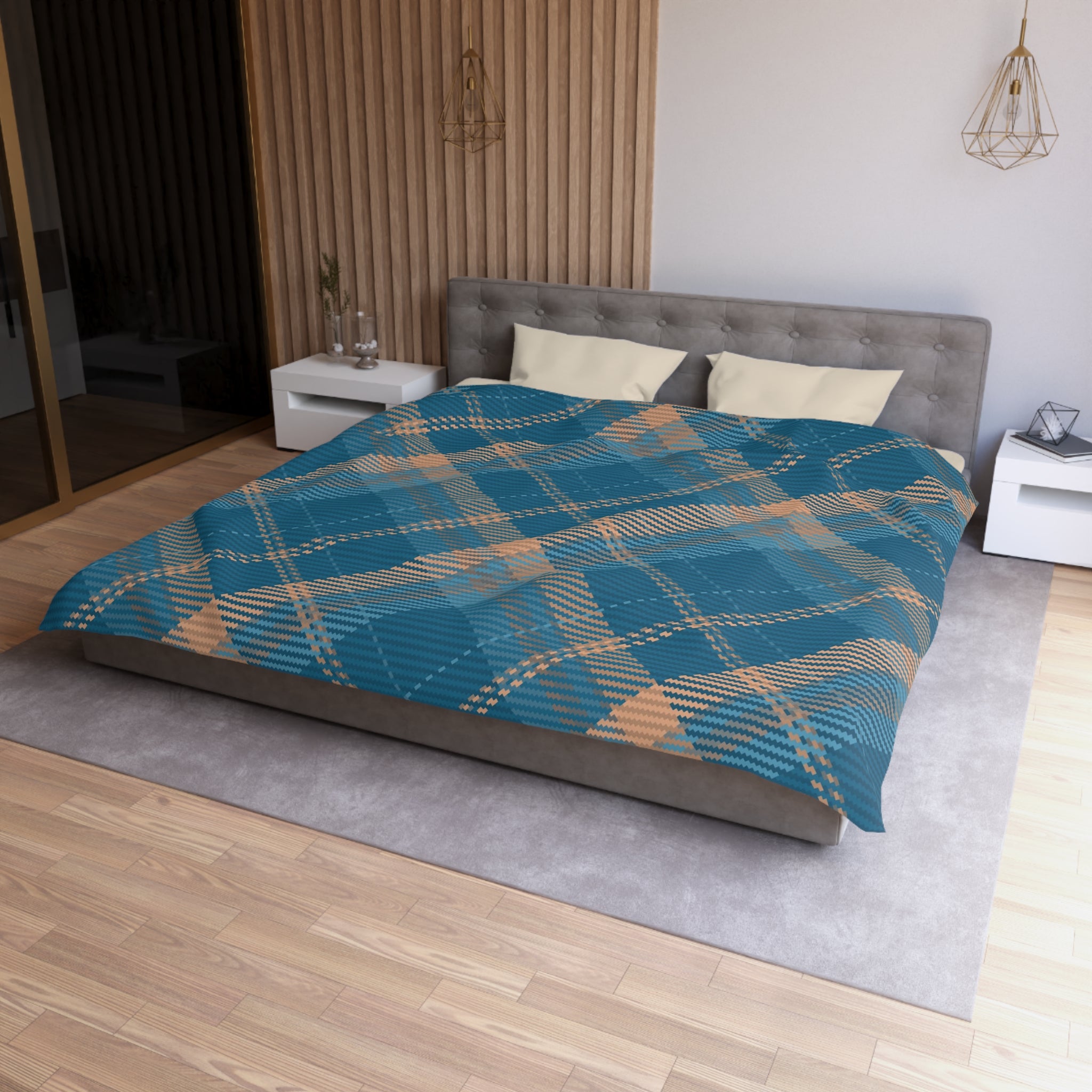 Plaid Duvet Cover | Vintage Blue, Peach | Bedroom Decor