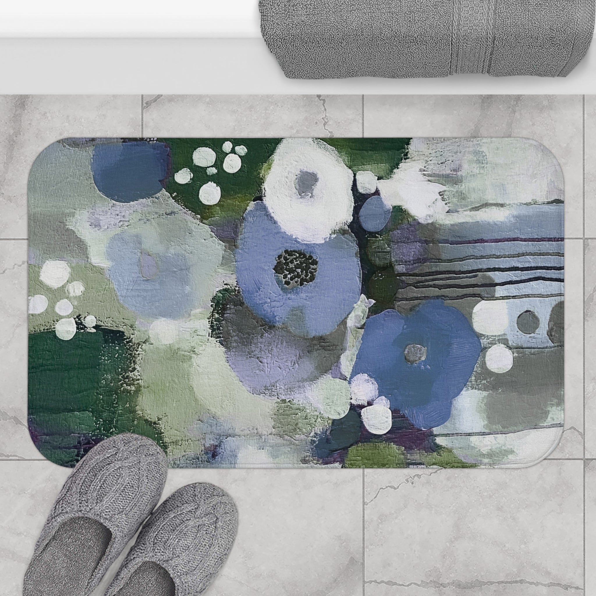 Abstract Floral Bath Mat | Colorful Blue White Sage Green Kitchen Mat