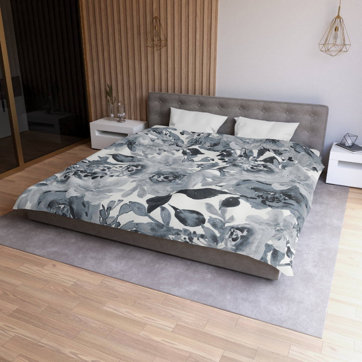 Dusty Grey Peony Duvet Cover | Slate Blue Watercolor Floral Bedding