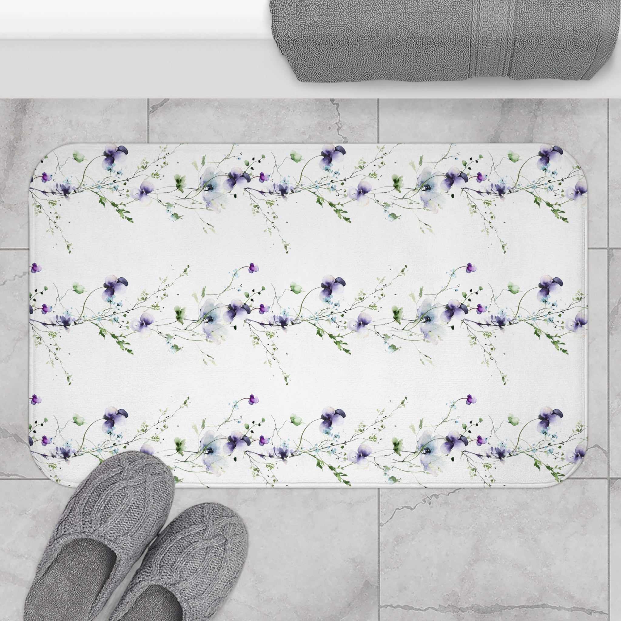 Floral Bath Mat | White Purple Sage Green, Nature Kitchen Mat