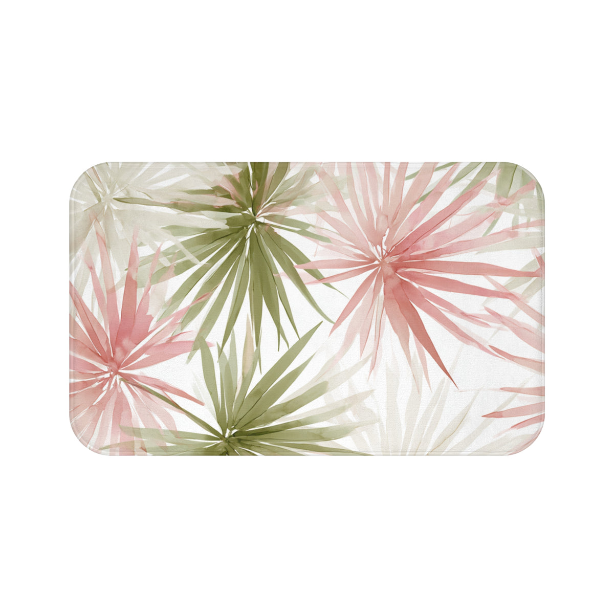 a rectangular shape with a pattern of green and pink palm leaves.