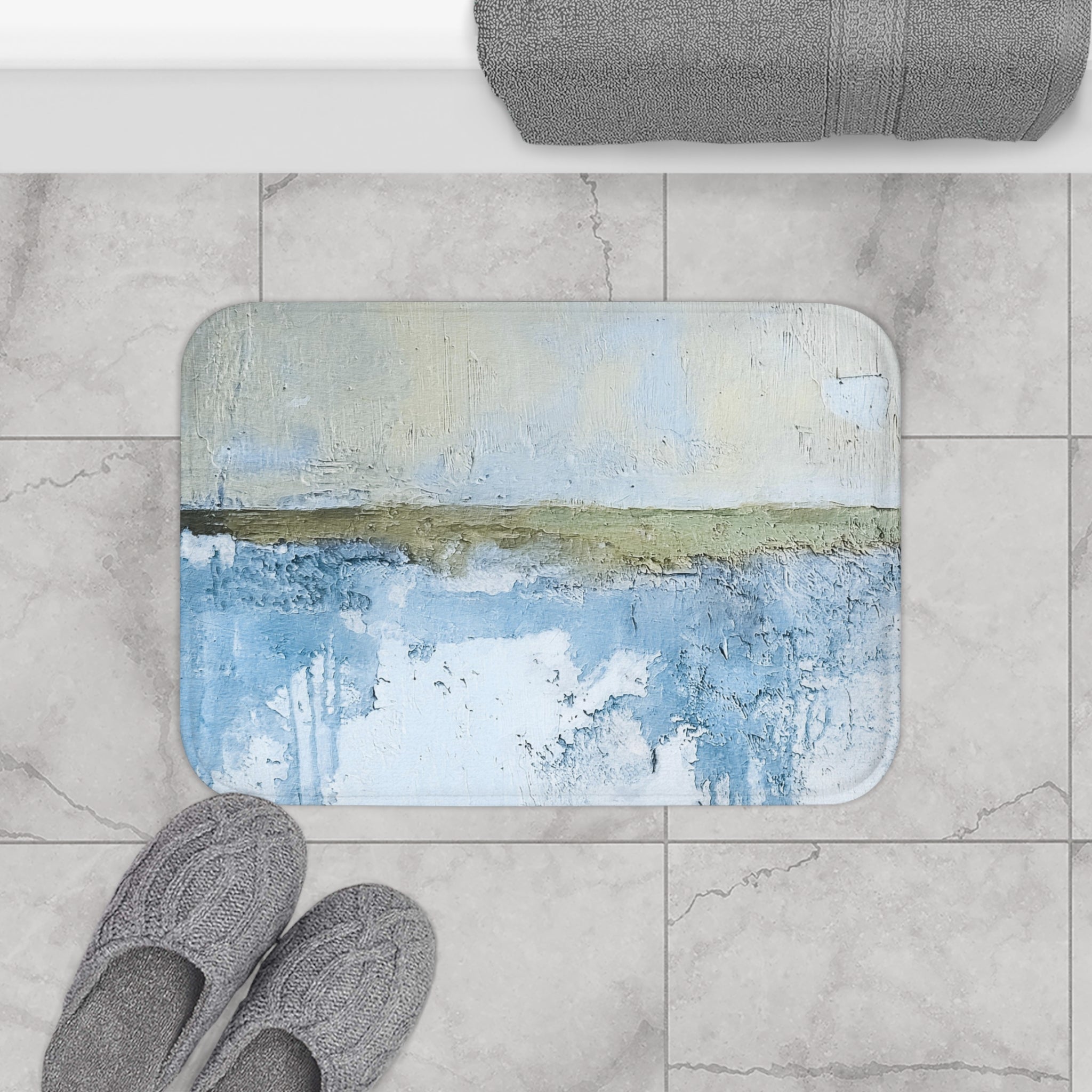 Abstract Bath Mat | Rustic Wall Sky Blue, Sage Green Kitchen Mat