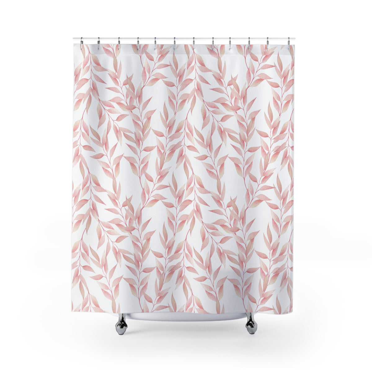 a shower curtain with a repeating pattern of pink leaves on a white background.