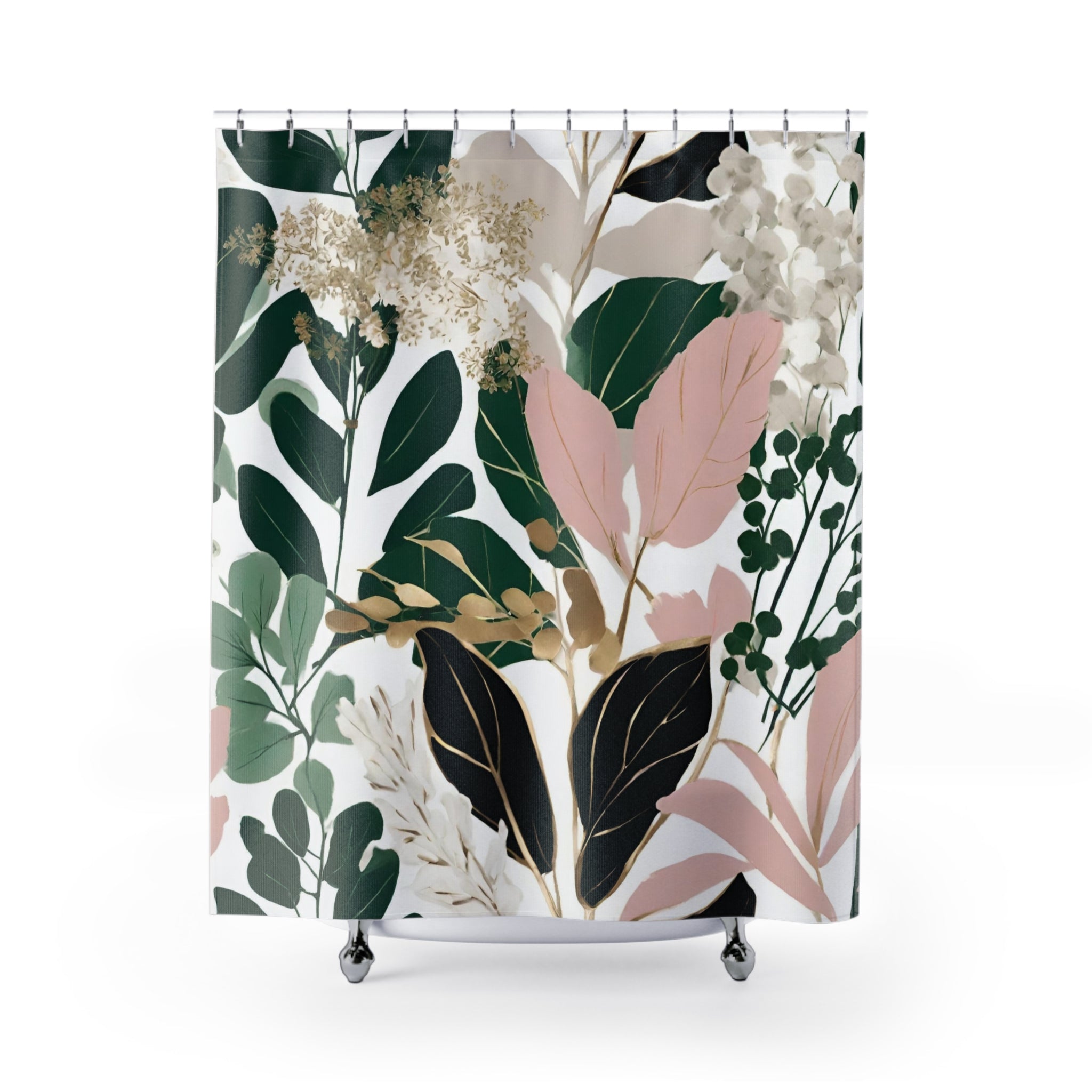 Floral Shower Curtain | Green, Black Pink Leaves