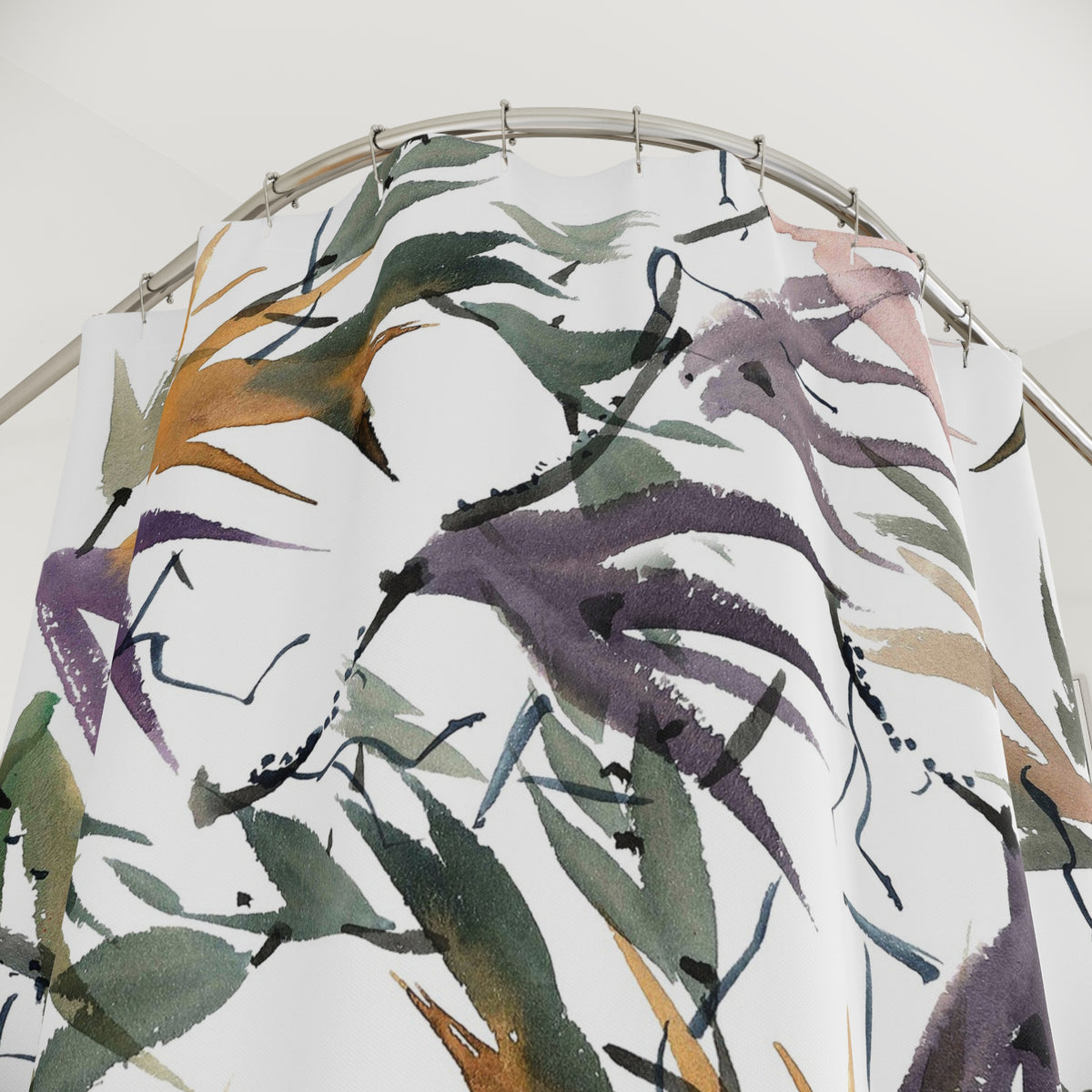 Olive Purple Bamboo Leaf Shower Curtain, Bath Curtain 71x74