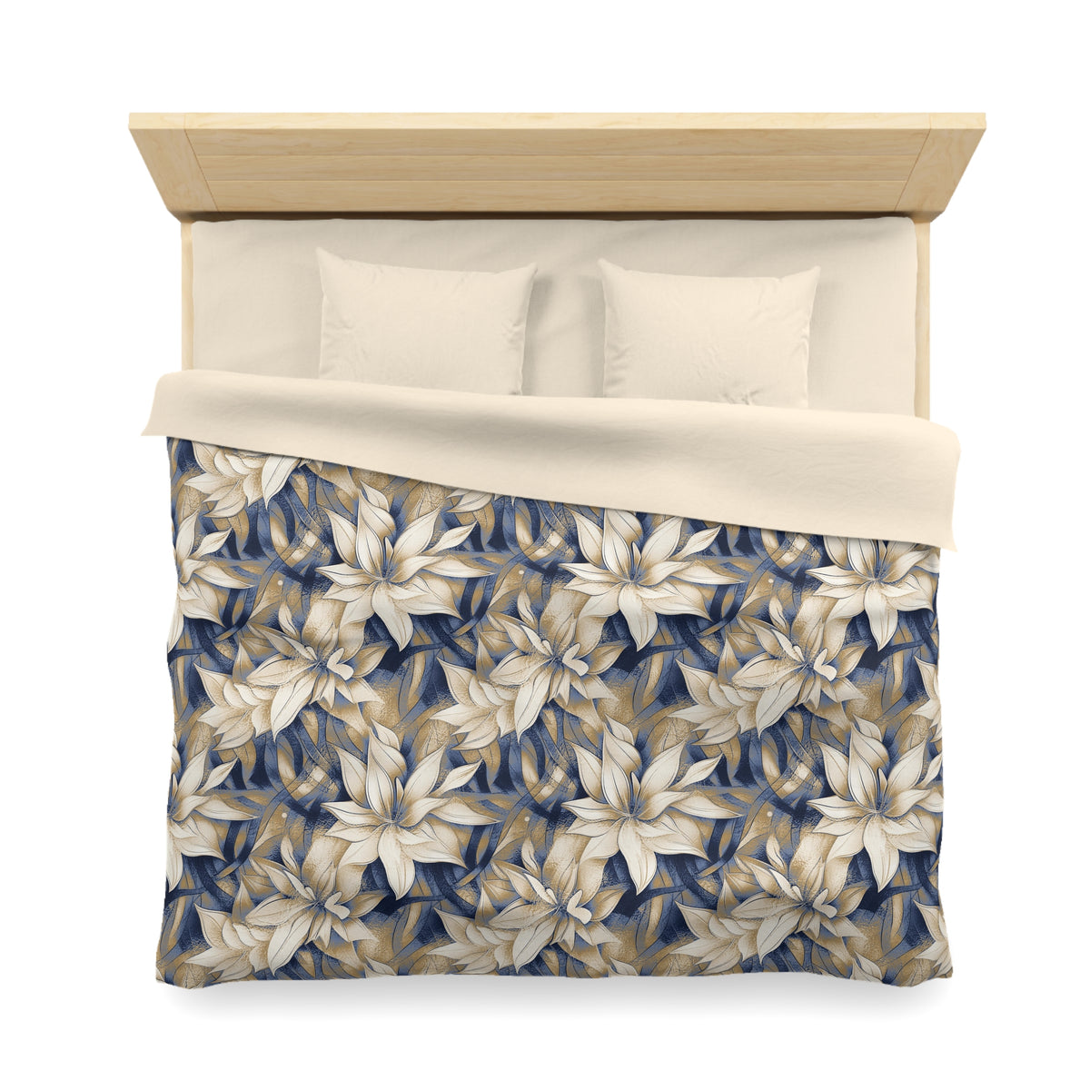 a neatly made bed with a floral print comforter and pillows.